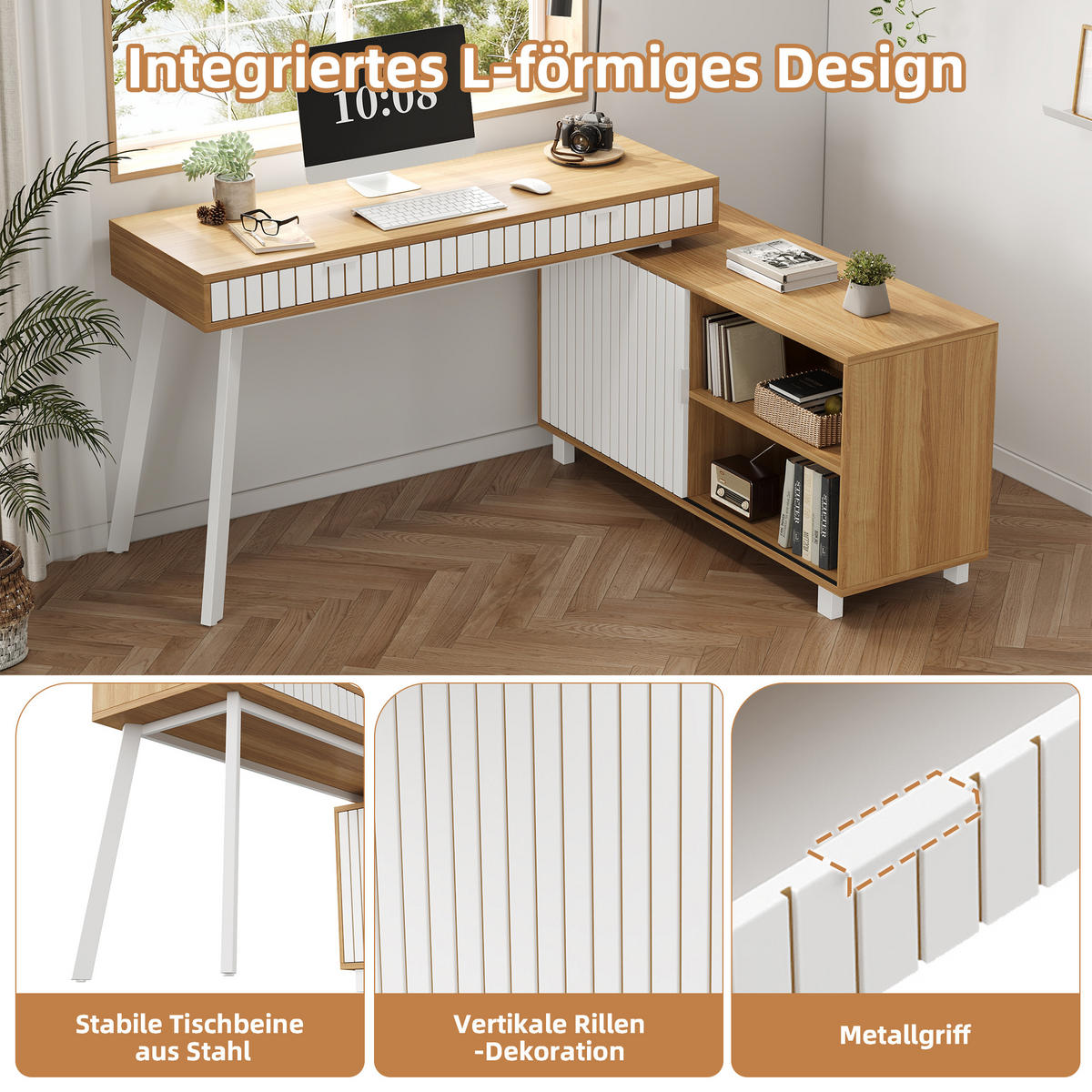 BÜROSCHREIBTISCH in natur & weiß, stahlgestell, rillen-design - Naturfarben, Holzwerkstoff (120/140/76.5cm) - Urban Meuble