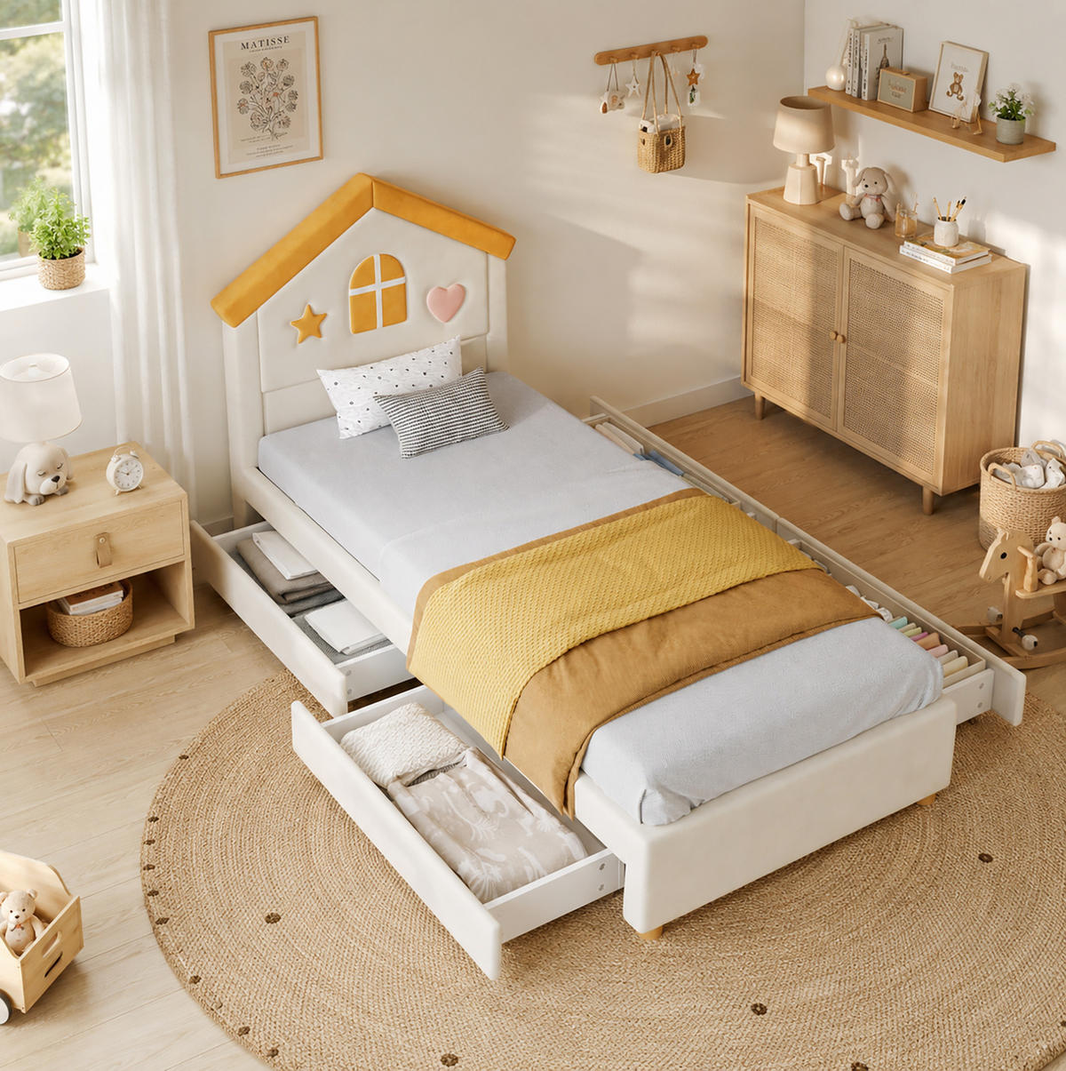 KINDERBETT aus Samt 90x200 cm Beige mit 4 Schubladen, Hauskopfteil und gepolstertem Design - Beige, Textil (90/200cm) - Modfu