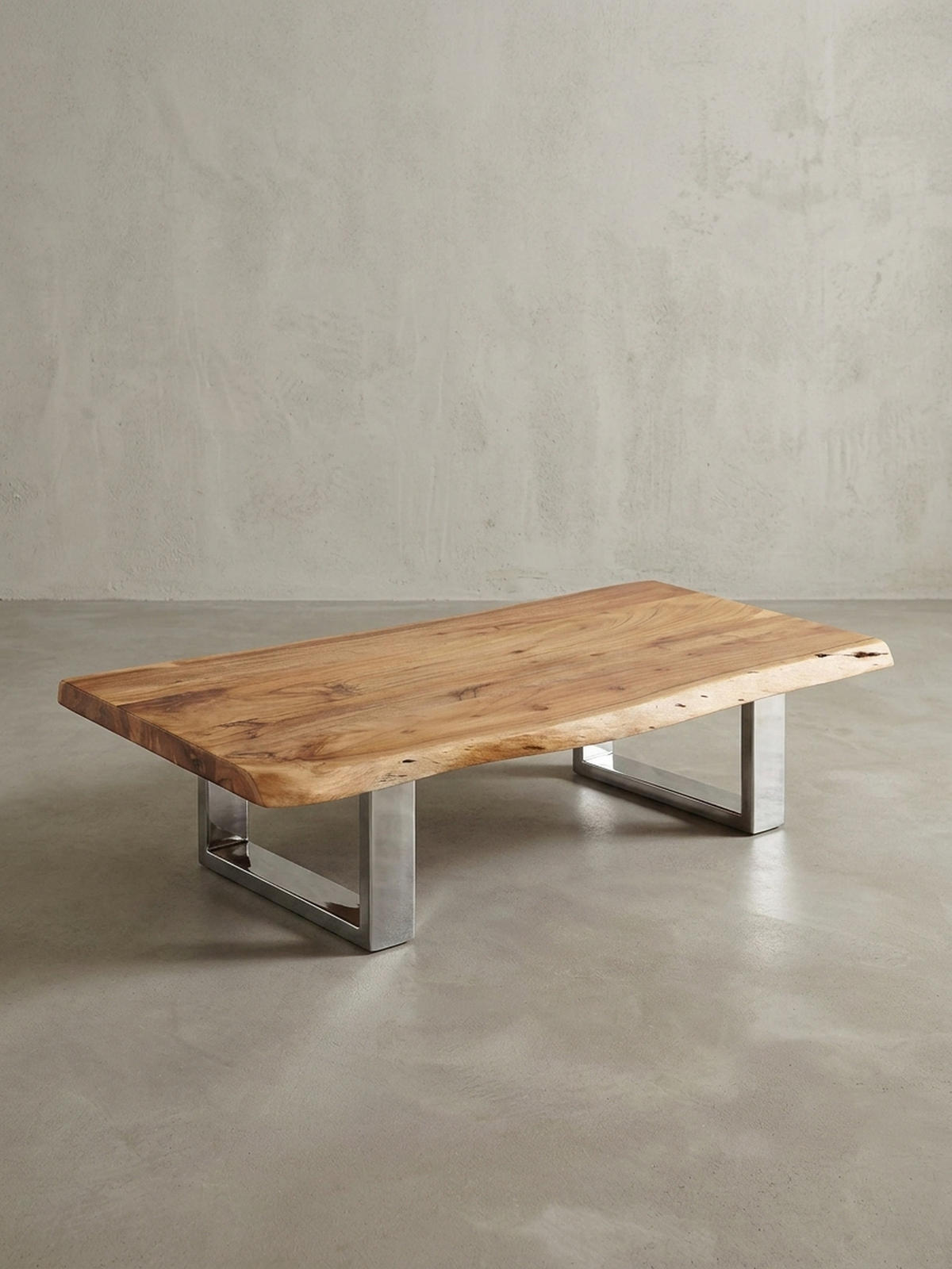 COUCHTISCH Akazienholz Massiv, Baumkanten Design, Landhausstil, Metallbeine Stabil - Beige/Silberfarben, Holz/Metall (58/115/25cm) - KADIMA DESIGN