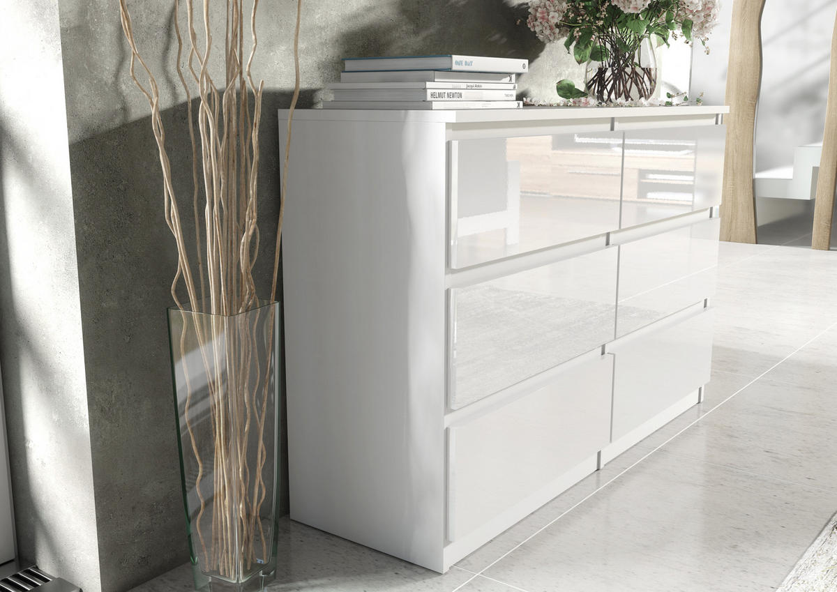 KOMMODE NUDO 120/78,5/39cm mit 6 Schubladen Türen Weiß - Weiß Hochglanz/Weiß, Holzwerkstoff (120/78.5/39cm) - MASSENO