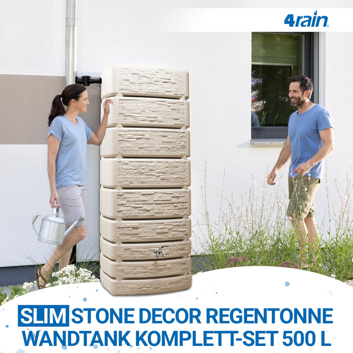 REGENTONNE Wandtank Komplett-Set 500 L, sandbeige inkl. Chrom-Doppelauslaufhahn und Fallrohranschluss - Beige, Kunststoff (75/184/51cm) - 4rain
