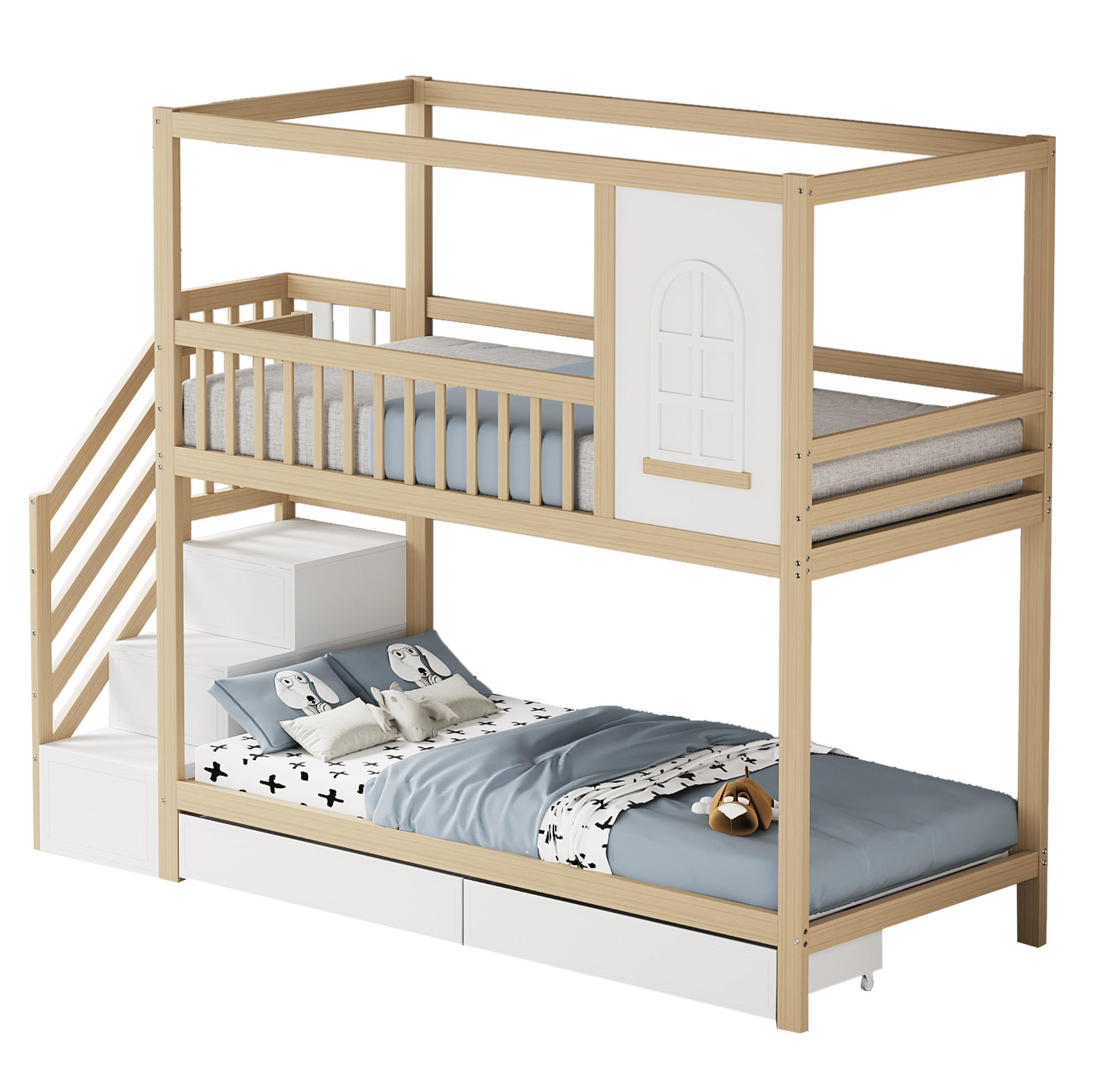 ETAGENBETT 90/200 cm mit Sicherheitsleiter, Fensterelement und Schubladen, Natur - Naturfarben, Holzwerkstoff (90/200cm) - Redom