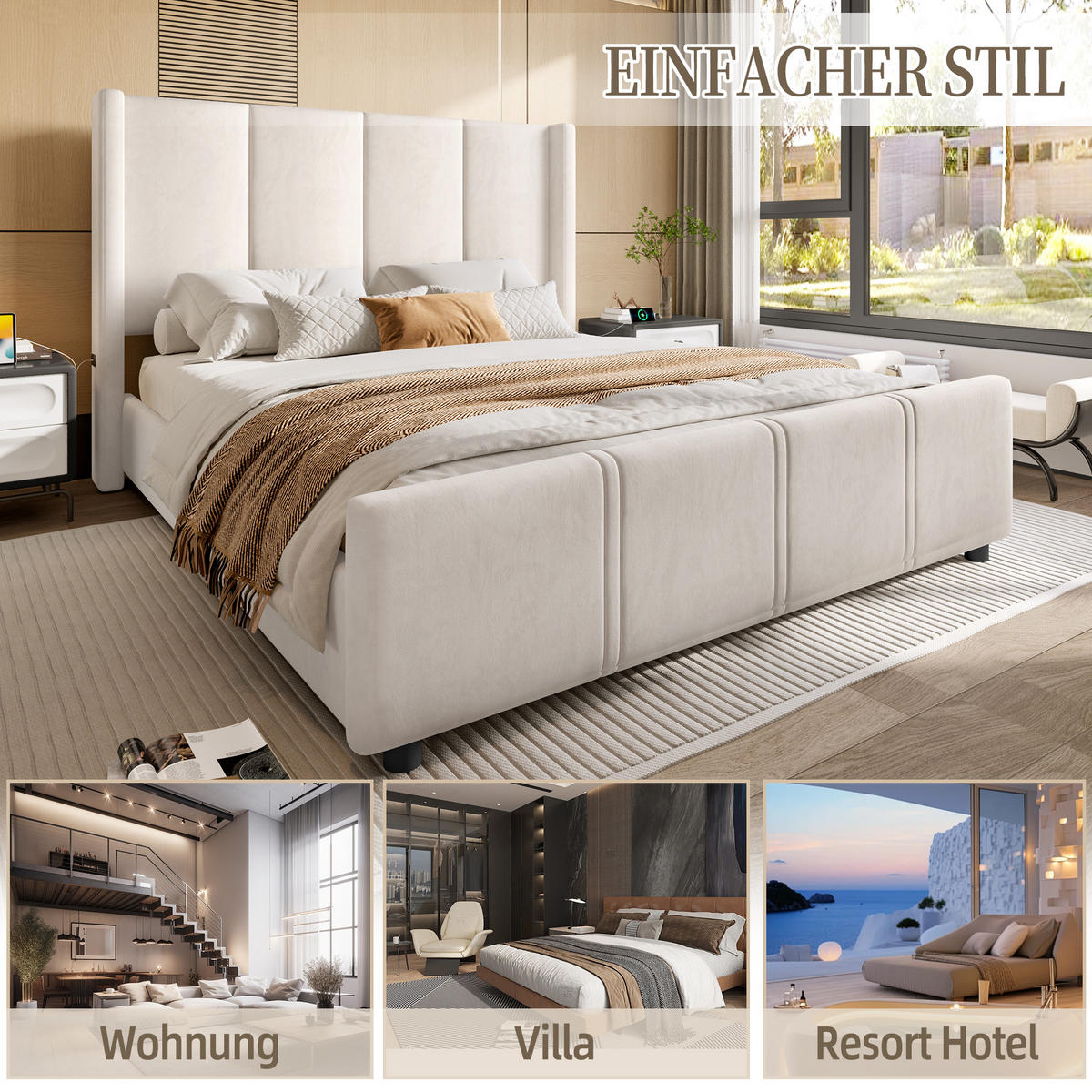 POLSTERBETT 140/200 cm mit hohem Kopf- und Fußteil, USB- und Typ-C-Anschluss, Samtoptik, Beige - Beige, Textil (140/200cm) - Redom