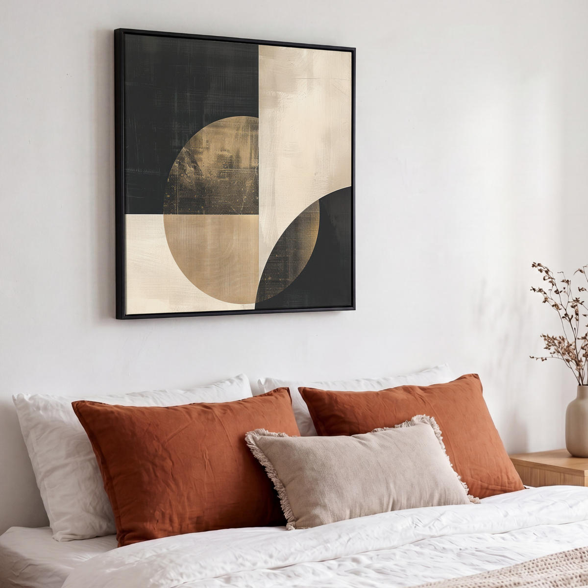 LEINWAND Bilder mit Rahmen - Abstrakt - Geometrische Formen - Schwarz - Gold - 50x50 - Ecru, Textil (50/50cm) - MuchoWow