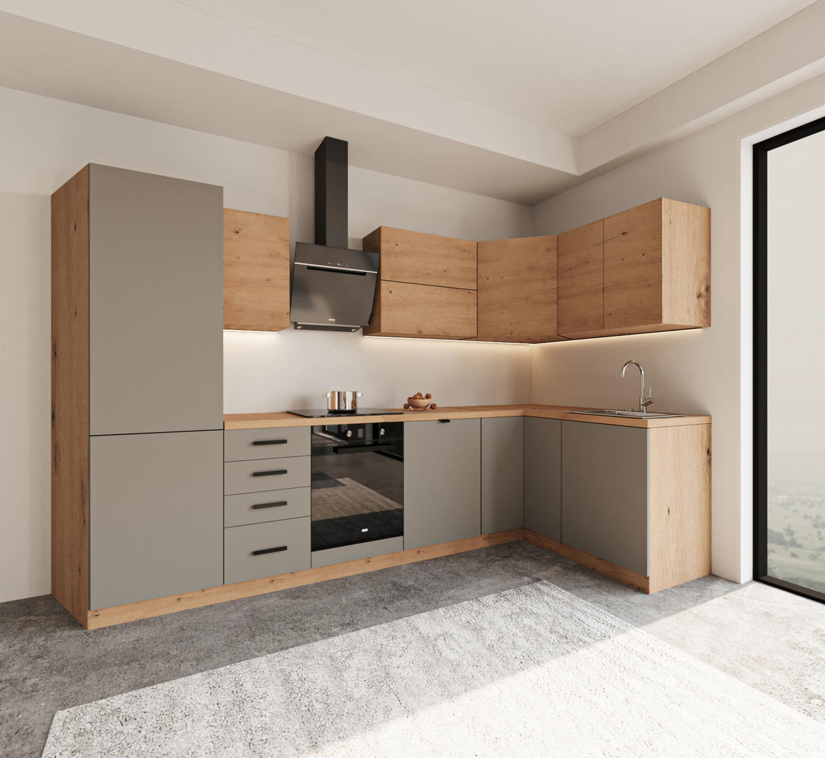 WINKELKÜCHE 300 cm x 140 cm - Langen KL6-M300 - in Beige / Artisan Eiche - Beige/Schwarz, Holz/Holzwerkstoff (440/212/58cm)