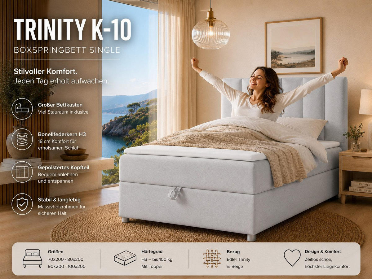 BOXBETT mit Bettkasten Trinity K-10 SINGLE Bonellfederkern inkl. Topper - Silberfarben, Holz/Holzwerkstoff (100/200cm) - Best For Home
