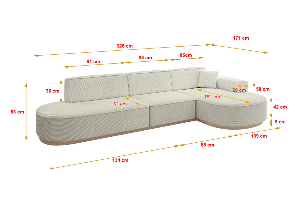 ECKSOFA Ottomane Rechts MARI-L2-v1 - 328x171x83 cm Hellgrau Cord - Hellgrau, Holzwerkstoff/Textil (171/328cm) - ALTDECOR