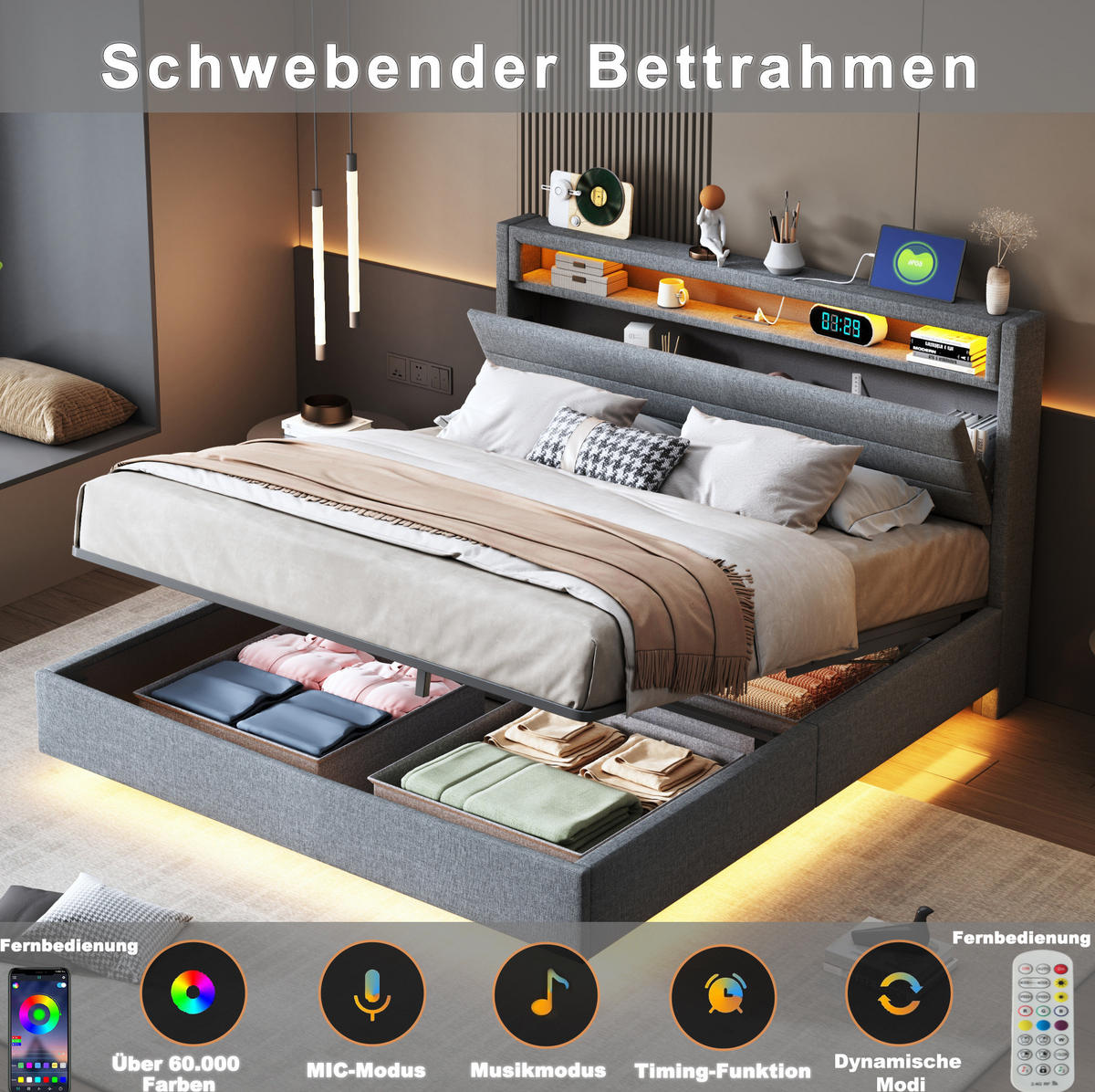 POLSTERBETT mit Stauraum, USB und LED 140x200 cm Grau - Grau, Metall (140/200cm) - Meubliv