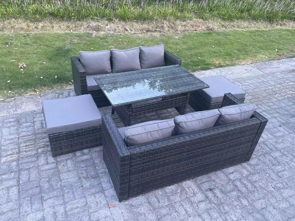 LOUNGEGARNITUR mit Hockern Polyrattan Dunkelgrau 8-Sitzer - Dunkelgrau/Grau, Glas/Kunststoff - Fimous