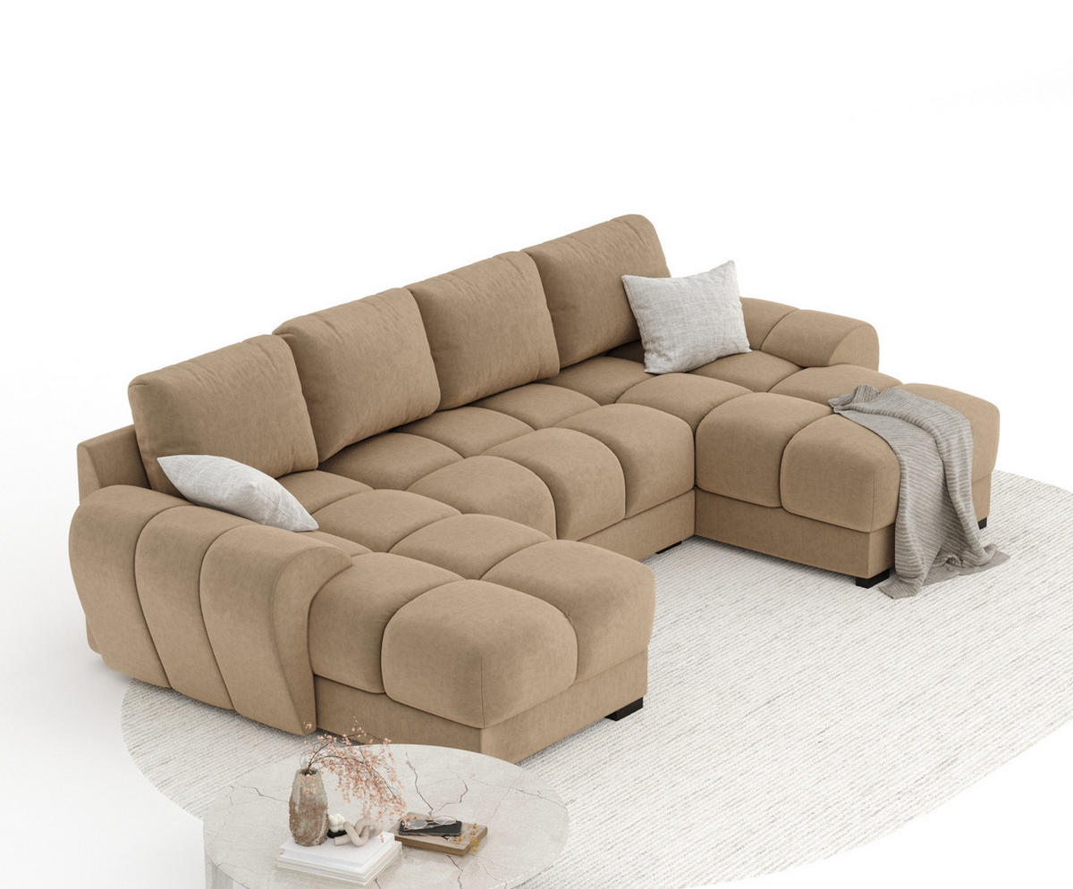 WOHNLANDSCHAFT Peebles Beige Samtstoff - Beige/Schwarz, Holz/Holzwerkstoff (330/90/175cm) - Maison de Reve
