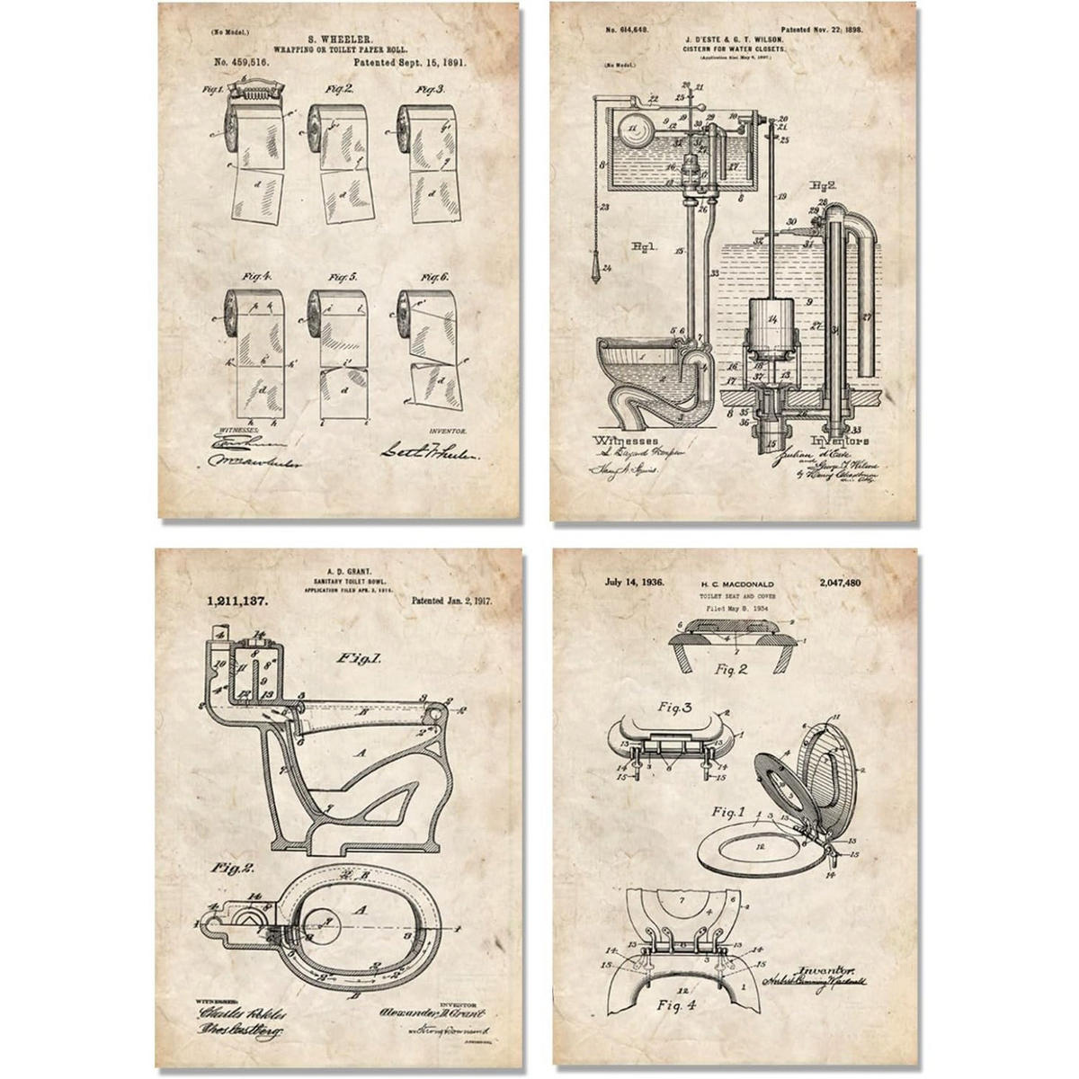 POSTER Set mit 4 Badezimmer Vintage Patent Größe A4 Rahmenlos - Klar, Papier (21/1/29.7cm) - Nacnic