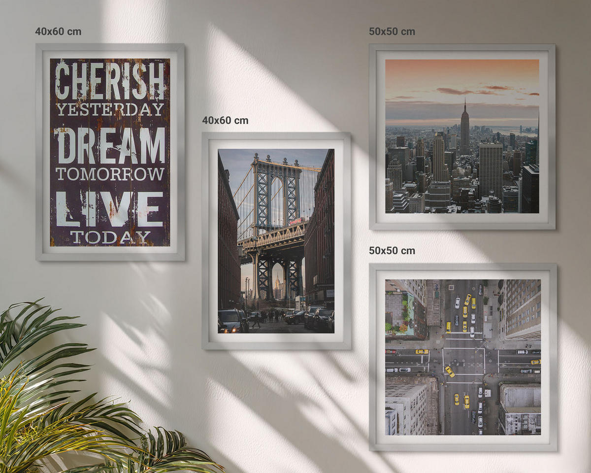WANDBILDER 4er Set - 50x50 cm & 40x60 cm Silberner Rahmen - Zitat über New Yorker Landschaften - Silberfarben, Kunststoff (50/50cm) - ArtPrintCave