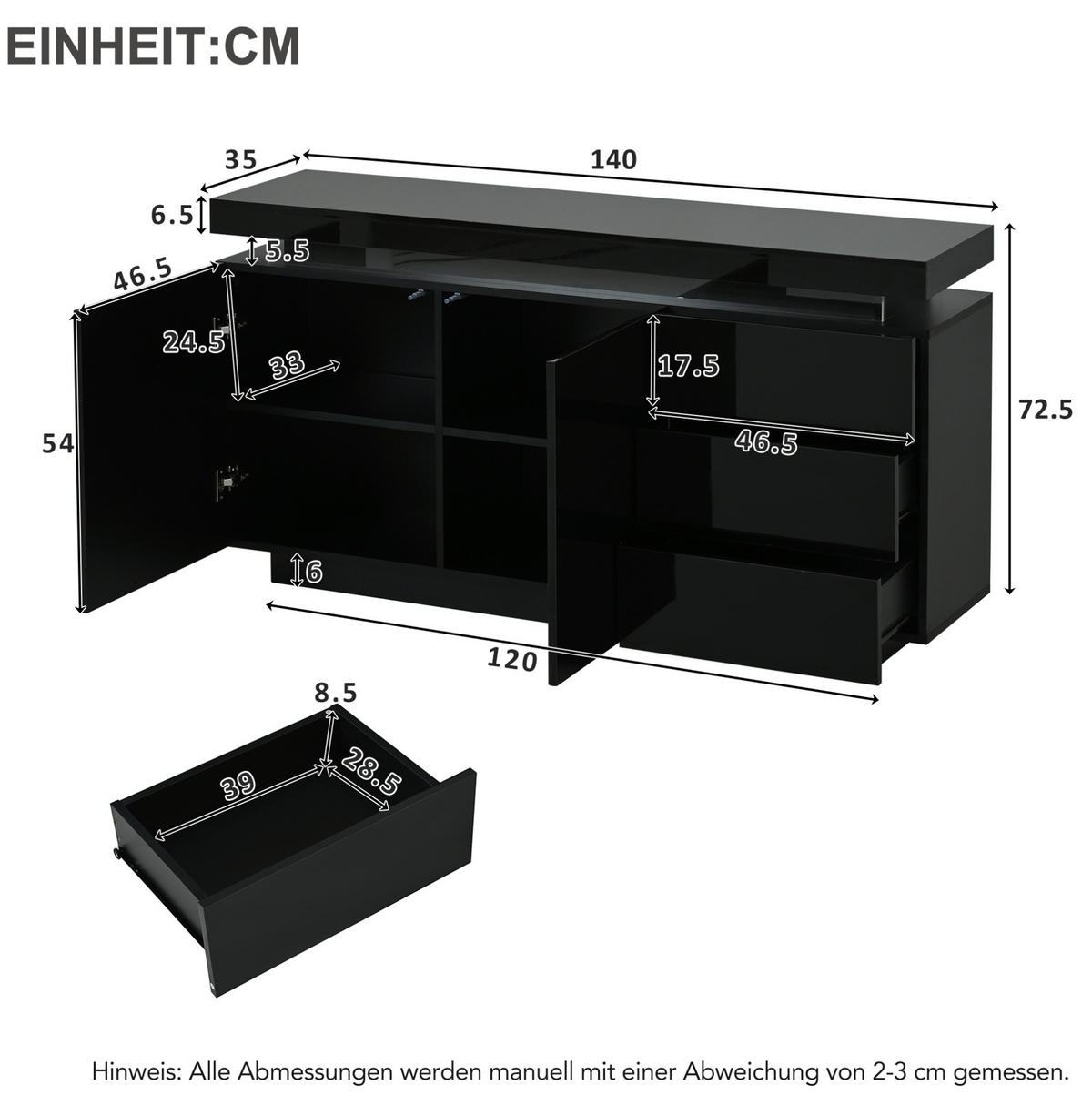 SIDEBOARD 140/35/72,5 cm aus Spanplatte mit LED-Beleuchtung und Hochglanzfront Schwarz - Schwarz, Holzwerkstoff (38/72/140cm) - Modenvie