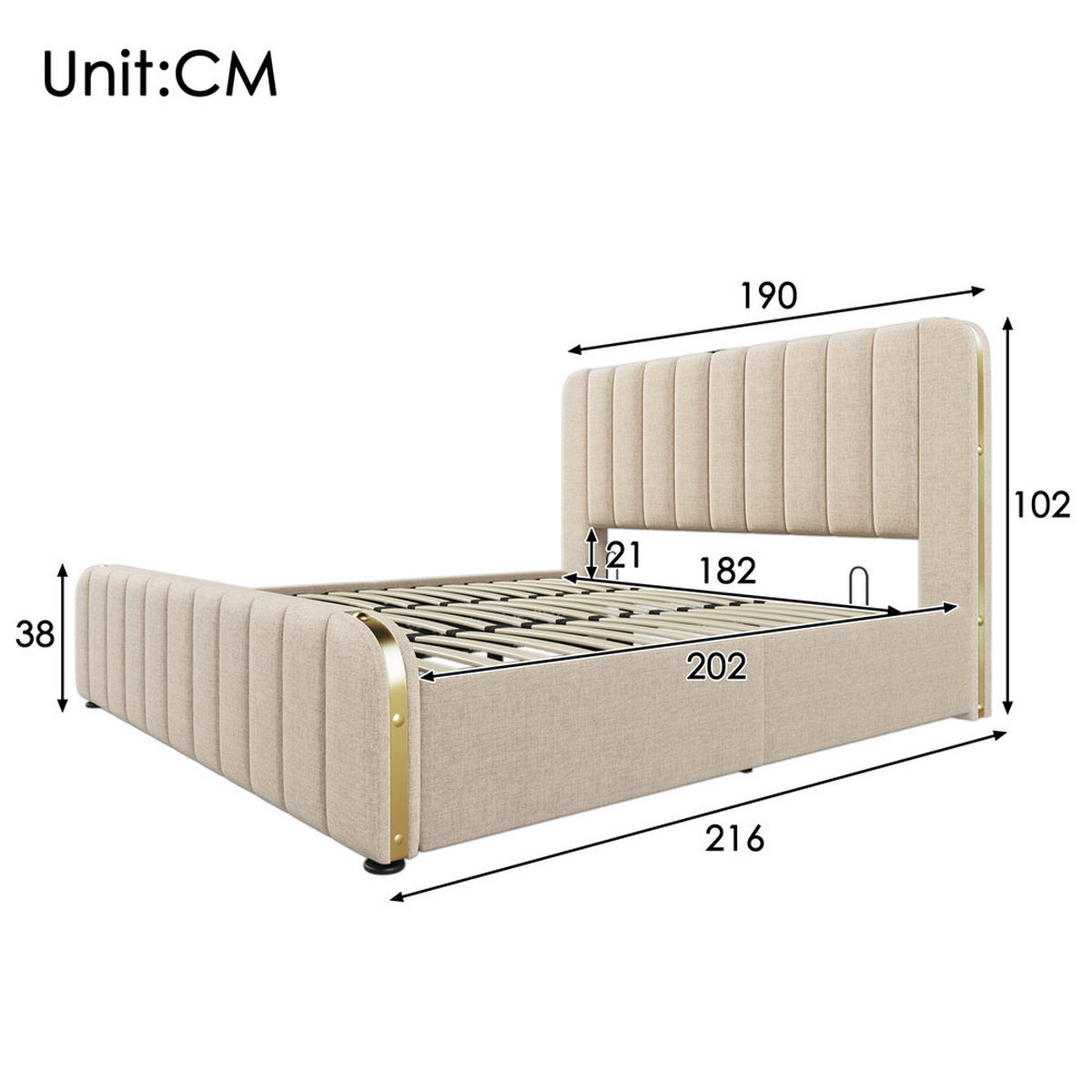 POLSTERBETT 180x200cm Doppelbett USB-C Hydraulik Goldstreifen Beige - Beige, Holz - FLIEKS