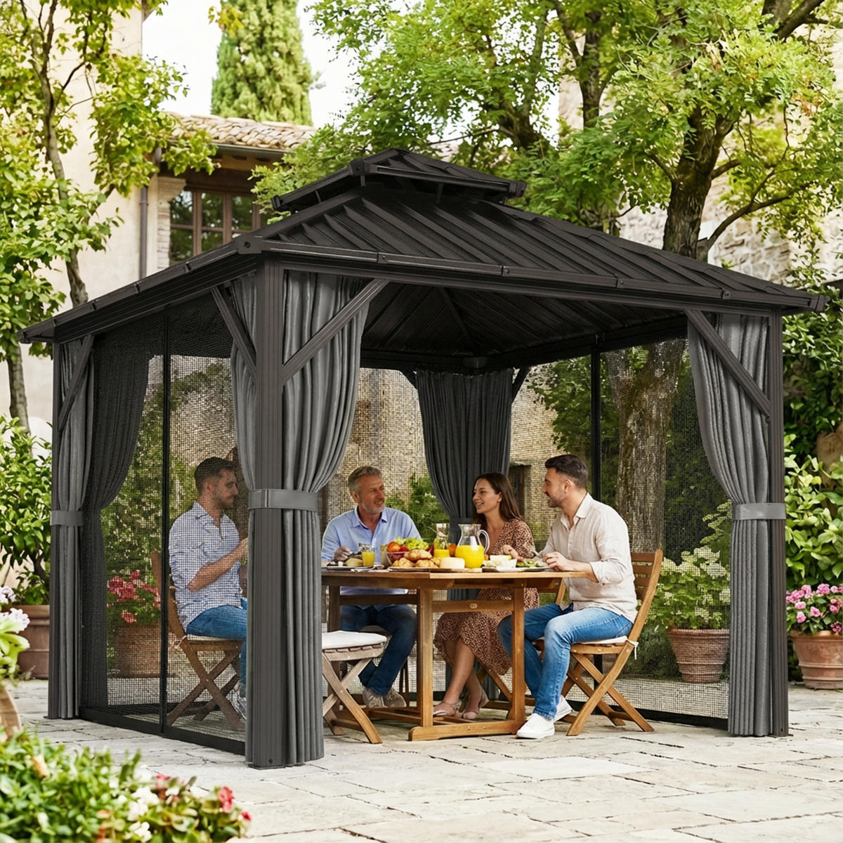 PAVILLON DE-12761 300/300 cm Doppeldach aus Stahl mit Moskitonetz Dunkelgrau - Dunkelgrau, Metall (301/293/301cm) - ComfortXL