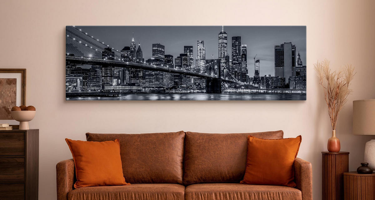 PANORAMABILD New York Panorama Architektur 3D 145x45 - Schwarz/Weiß, Textil (145/45cm) - Muralo