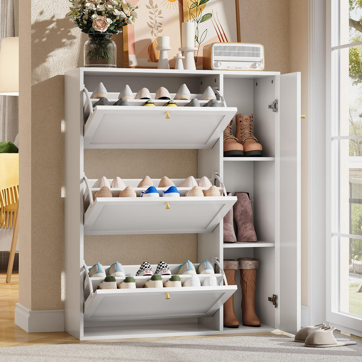 SCHUHSCHRANK 90/25/114 cm mit 3 Klappen und 1 Tür, schmales Design in Weiß - Weiß, Holzwerkstoff (90/114/25cm) - BEAOK