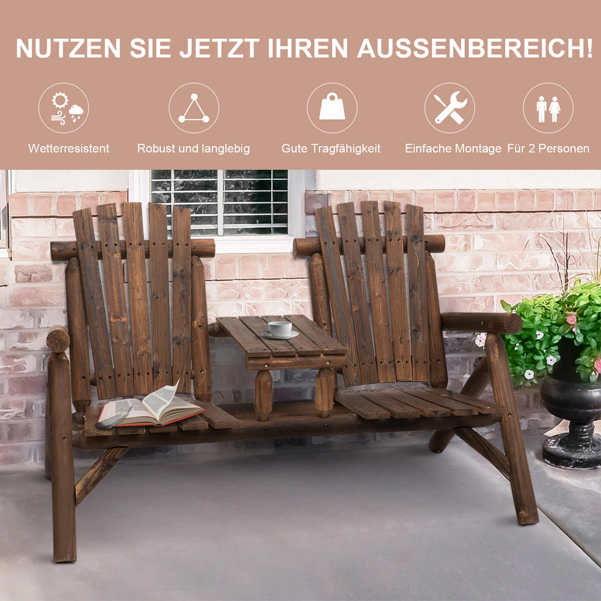 GARTENBANK MIT TISCH DE-08298 Sitzgruppe aus Massivholz, 2 Sitzplätze Braun - Braun, Holz (157/103/88cm) - ComfortXL
