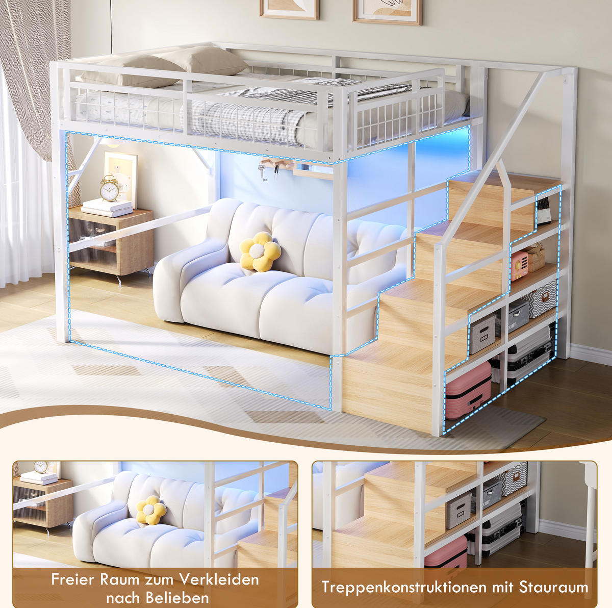 HOCHBETT 140/200 cm aus Eisen mit LED-Lichtleiste, Weiß - Weiß, Metall (140/200cm) - OKMYHOME