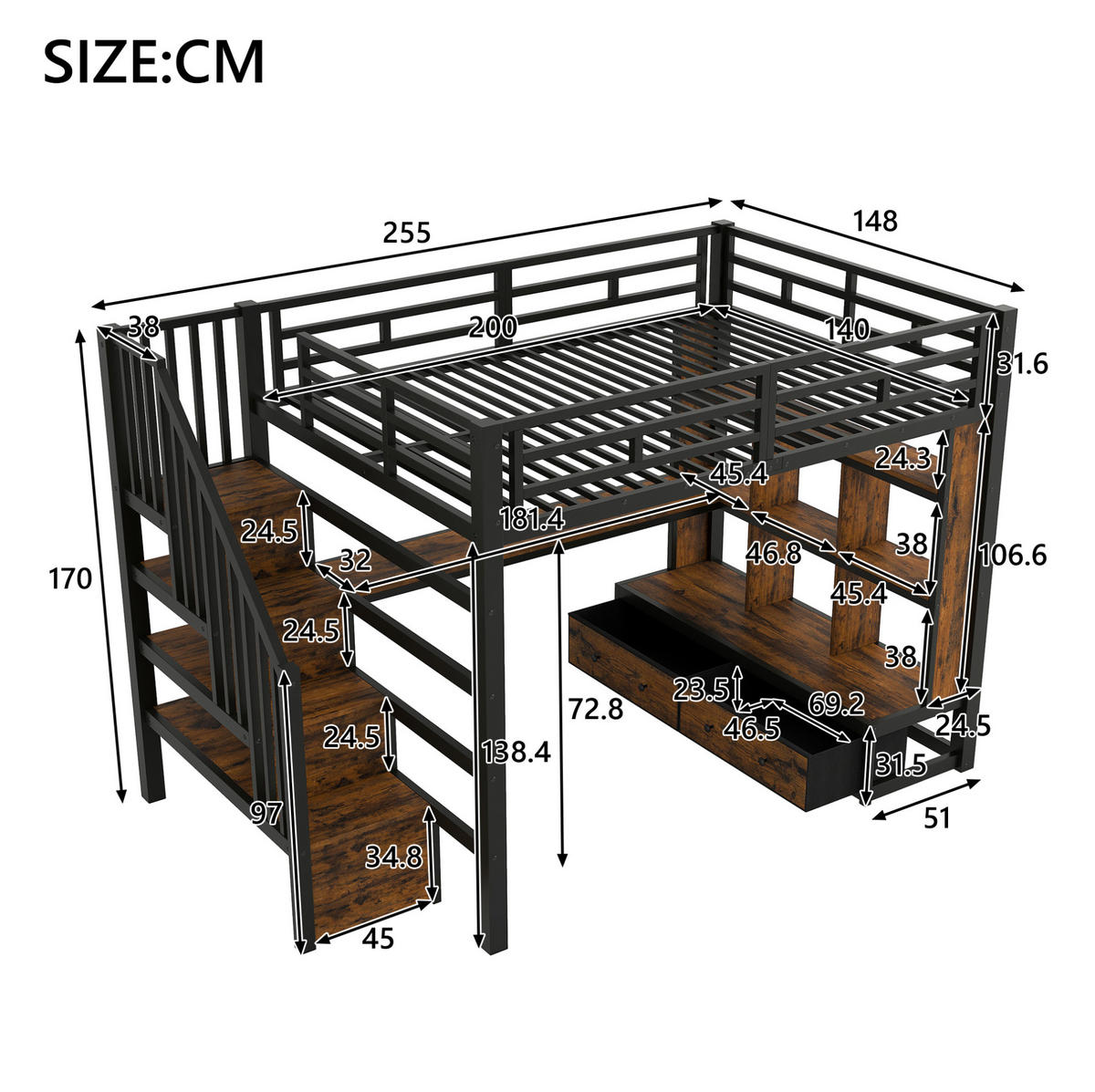 HOCHBETT 140/200 cm mit Schreibtisch, Regalen, 2 Schubladen, Stauraumtreppe und LED-Beleuchtung, Schwarz - Schwarz, Holzwerkstoff (140/200cm) - Redom