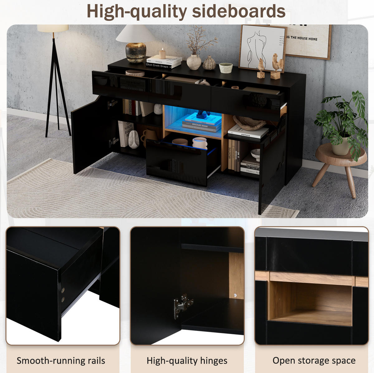 SIDEBOARD 140/40/70 cm Schwarz/Naturholzfarbe aus Spanplatte mit LED-Beleuchtung - Schwarz, Holzwerkstoff (40/70/140cm) - OKMYHOME