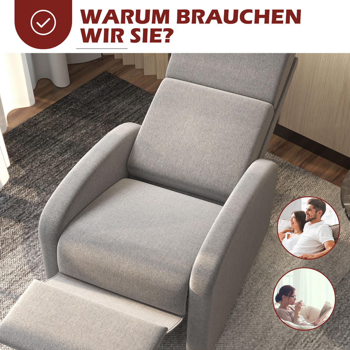 RELAXSESSEL gepolstert Fernsehsessel mit Liegefunktion bis 120 kg Belastbar Grau - Schwarz/Grau, Kunststoff/Textil (86/102/64cm) - HOMCOM