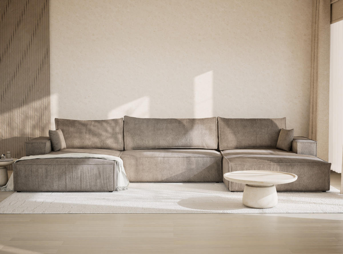 WOHNLANDSCHAFT Kyoto Braun Webstoff - Schwarz/Braun, Holz/Holzwerkstoff (398/70/148cm) - Maison de Reve