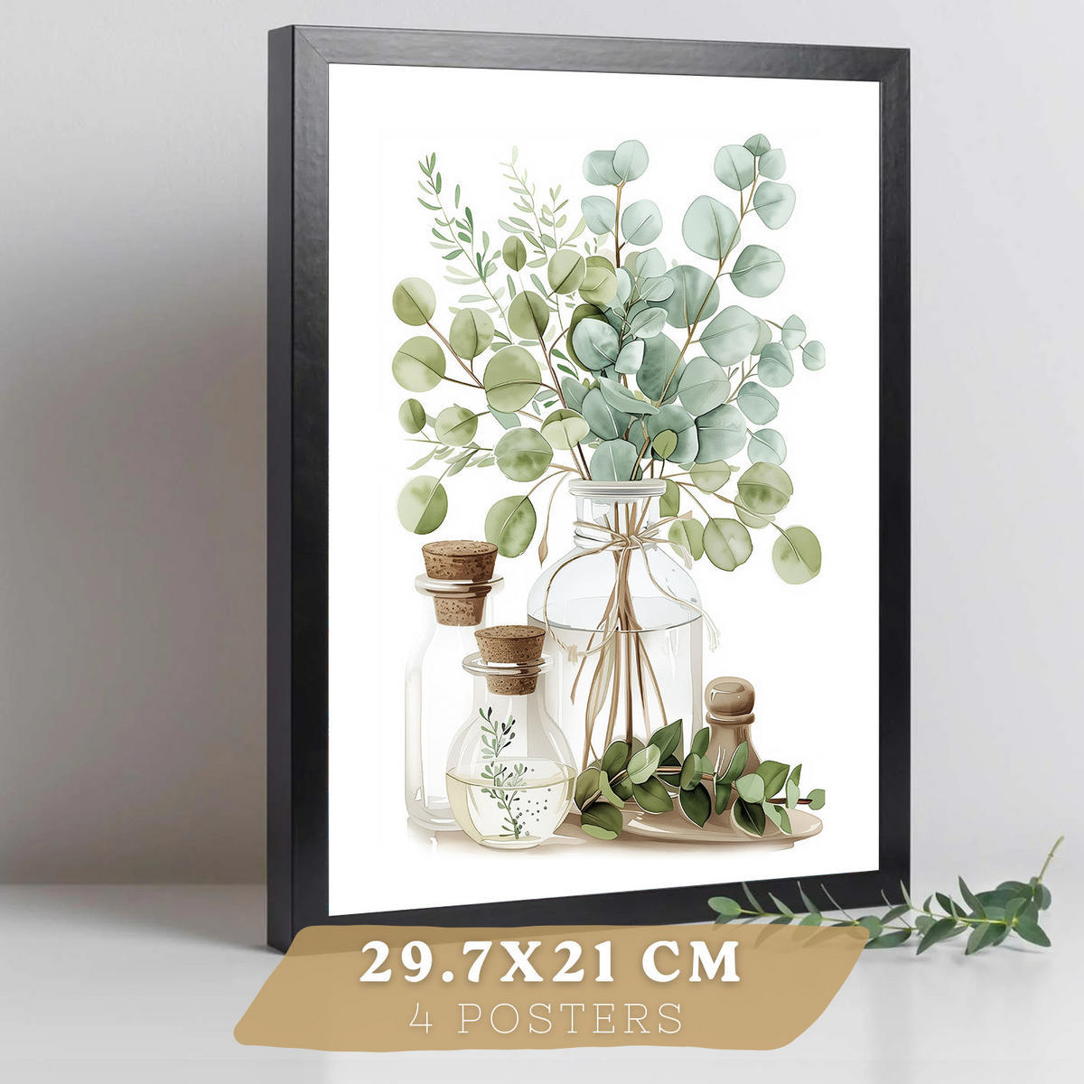 PLAKAT Sada 4 dekorativních nástěnných tisků, Botanická kuchyně. Bohémský venkovský styl. Rustikální kuchyně. Zelené rostliny. Velikost Černý rám A4 - černá, papír (21/29.7/3cm) - Nacnic