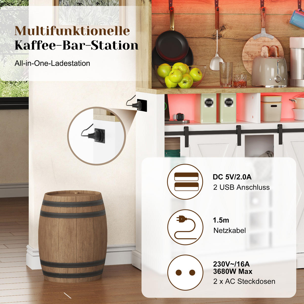 BUFFET DE-38714 110/40/191 cm LED-Beleuchtung und Steckdose Weiß - Weiß, Holzwerkstoff (110/191/40cm) - ComfortXL