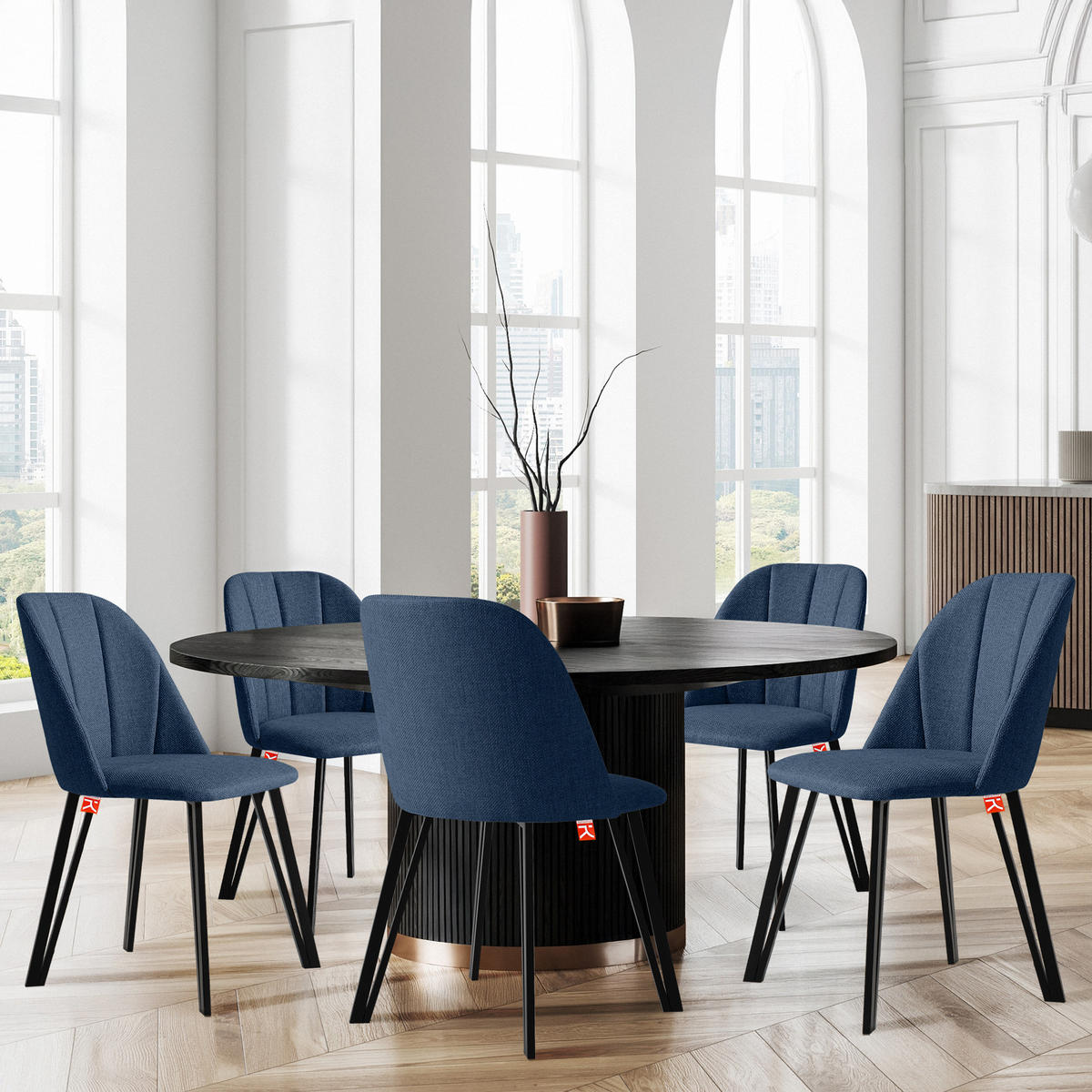 POLSTERSTUHL SPENO Esszimmerstühle 2er Set - Schwarz/Dunkelblau, Holz/Textil (52/85/58cm) - KONSIMO®