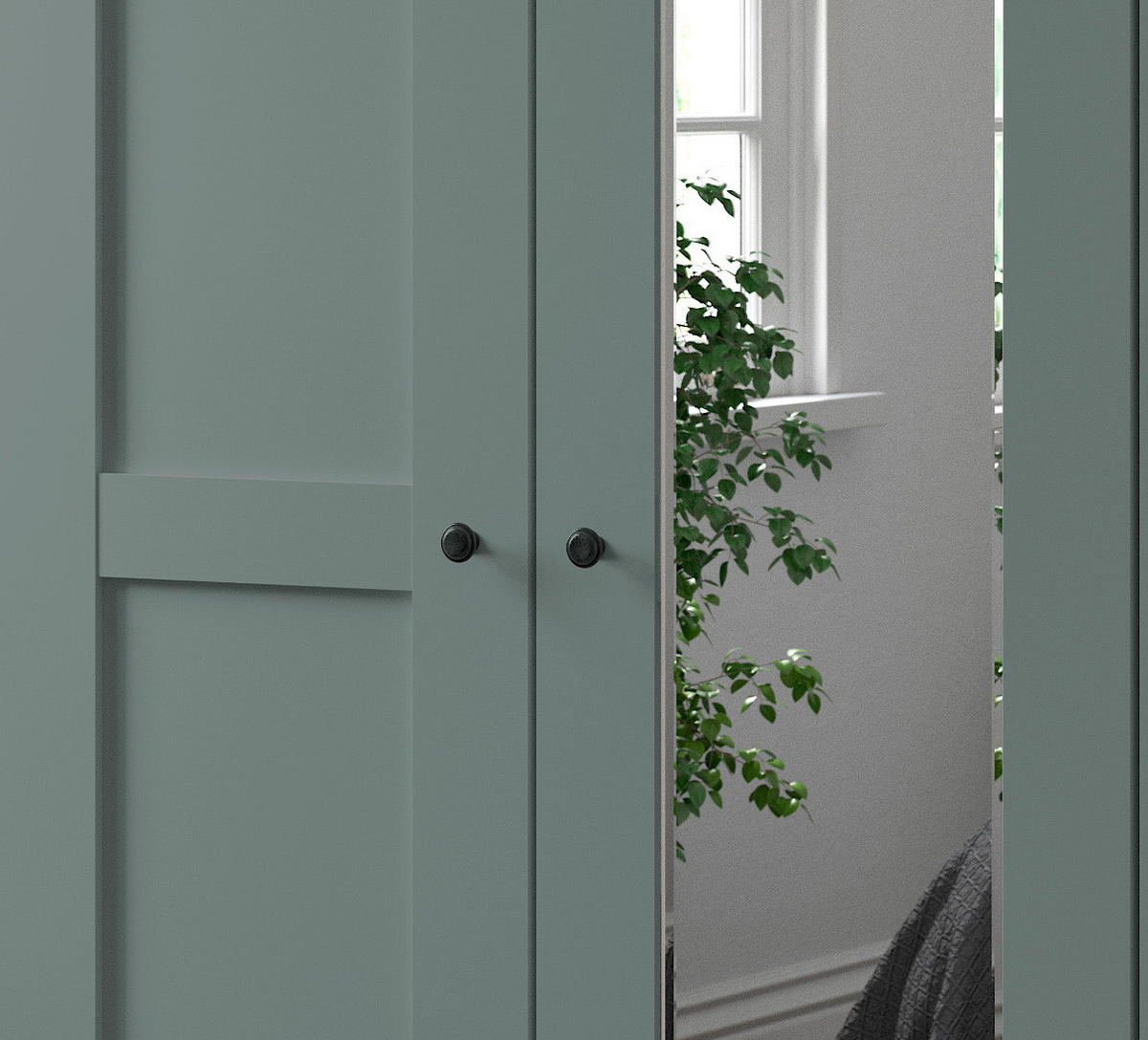 SCHLAFZIMMER Greenholm in Salbeigrün 4 teilig mit Kleiderschrank 250cm Breite mit Spiegel, 180er Doppelbett und zwei Nachtschränken - Grün, Holzwerkstoff (80/200/120cm)