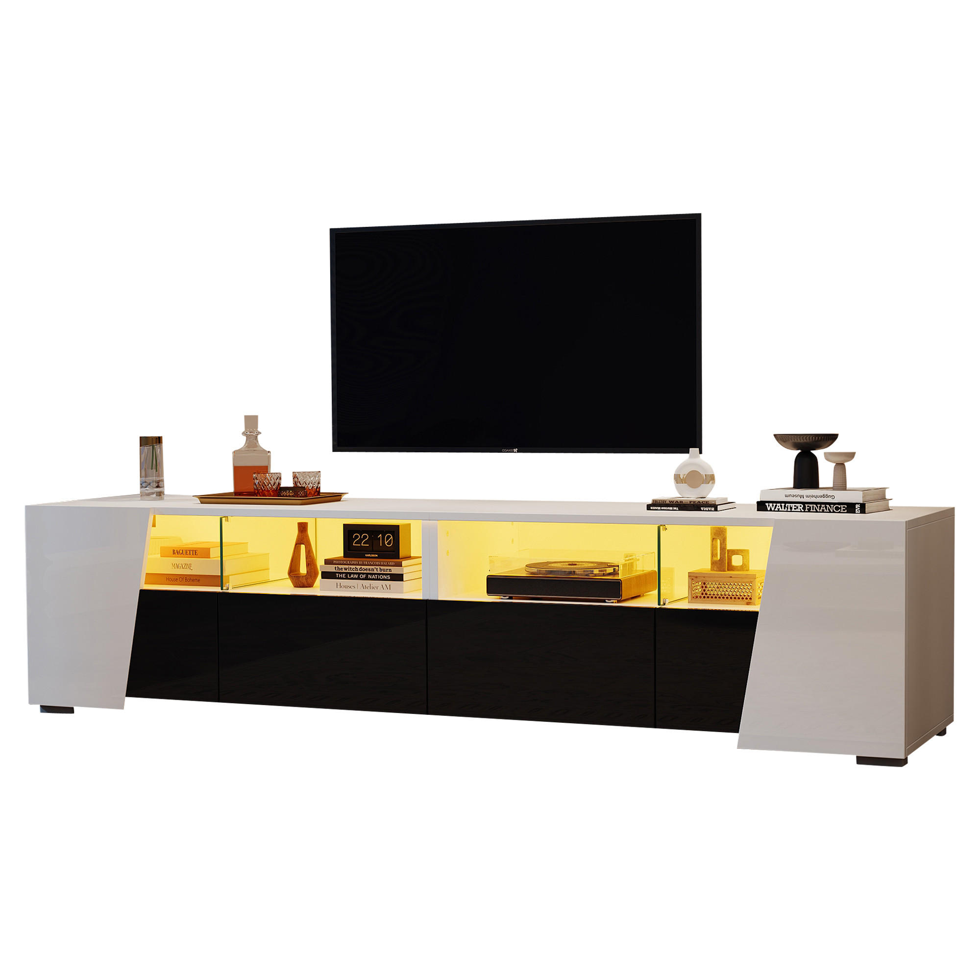 TV LOWBOARD 180cm Hochglanz LED 2 Schubladen 2 Schränke Weiß Schwarz - Weiß, Holzwerkstoff (38.5/45/180cm) - FLIEKS