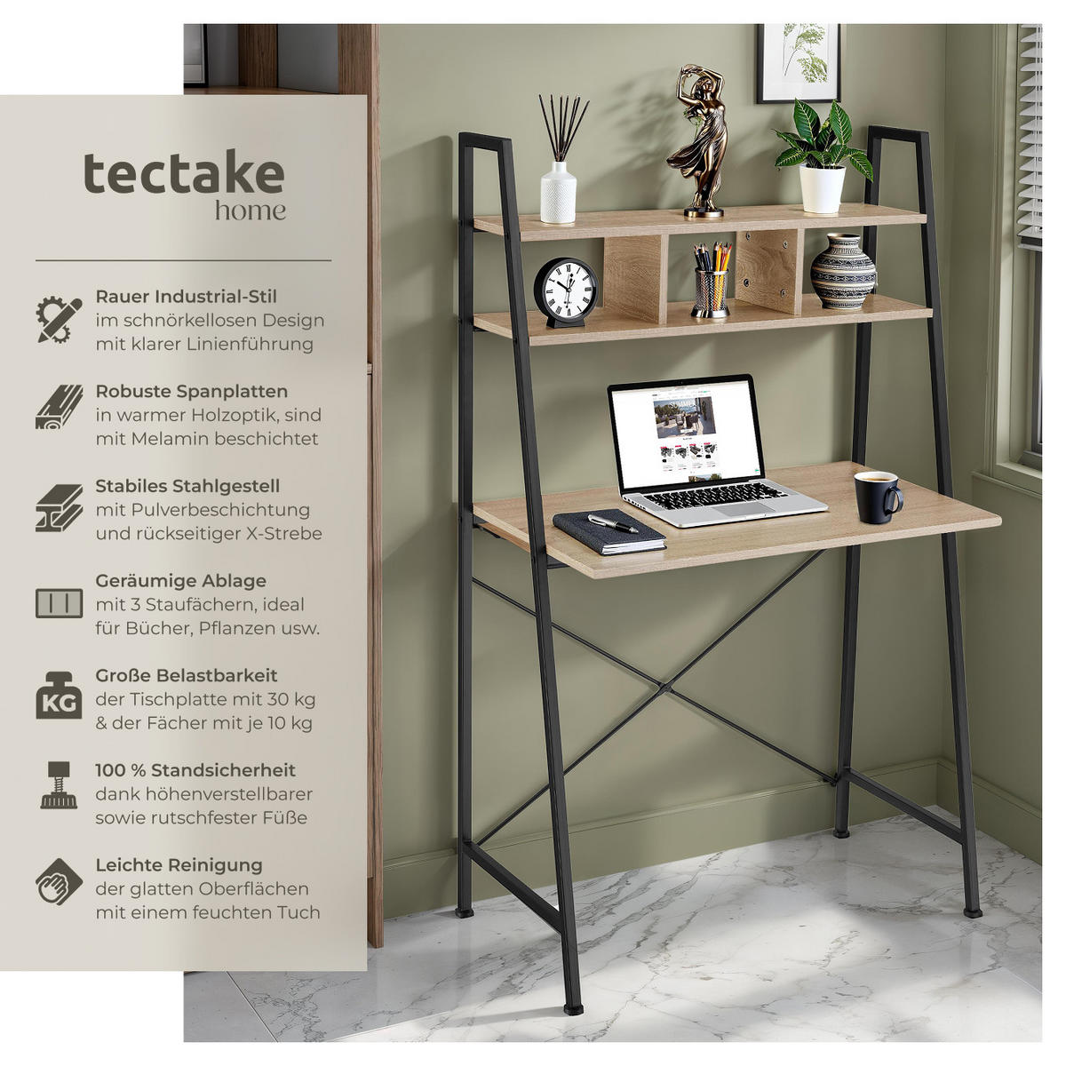SCHREIBTISCH Exeter,85,5 x 46,5 x 140 cm,Industrial Holz hell, Eiche Sonoma - Naturfarben, Holzwerkstoff (85.5/46.5/140cm) - tectake
