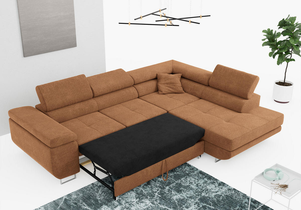 ROHOVÁ SEDAČKA GUSTAW L - Oranžová Strukturovaná látka - Pravá Strana - pomerančová/stříbrná, kov/textil (205/275cm) - MKS