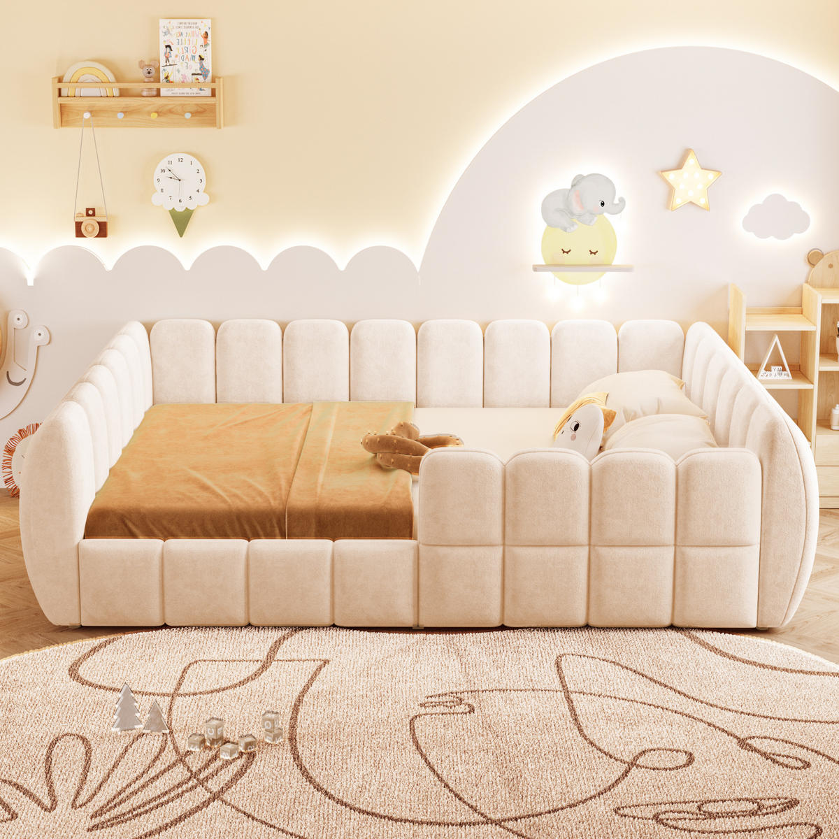 KINDERBETT 140x200cm Bodenbett Samt Rundschutz Beige - Beige, Textil (140/200cm) - FLIEKS