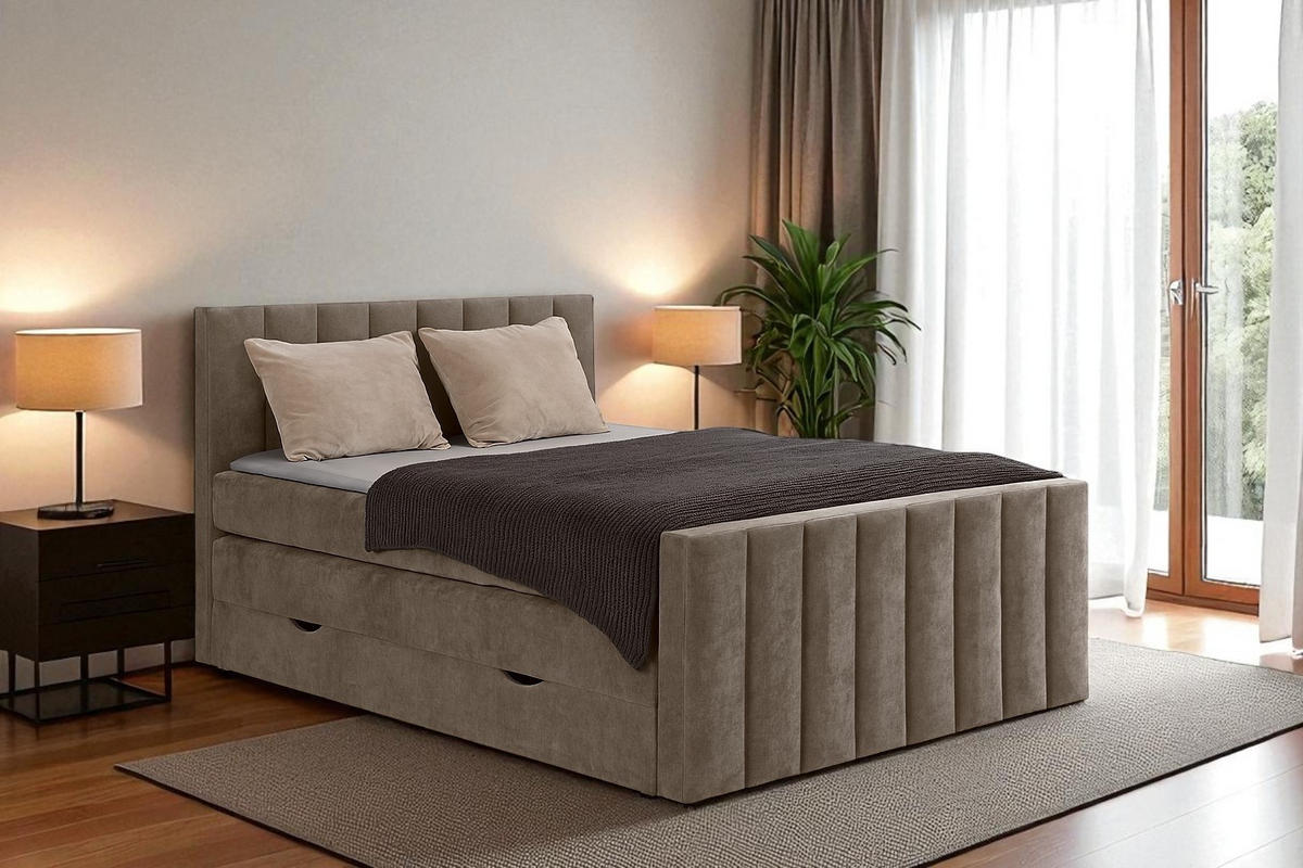 BOXSPRINGBETT VELTRA mit Topper und Bettkasten, Hellbraun, 160x200 cm - Hellbraun, Textil (160/200cm) - KS Home Concept