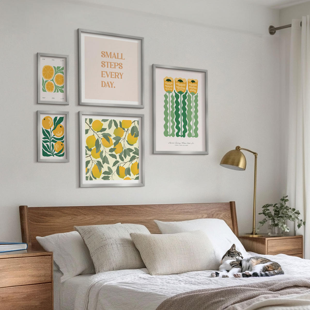 BILDER SET 5er Set - 50x50 cm & 20x30 cm & 40x60 cm Silberner Rahmen - Pflanzenmuster mit Blumen - Silberfarben, Kunststoff (40/60cm) - TULUP