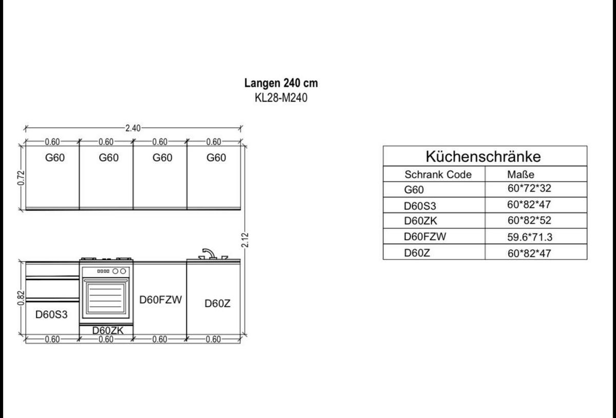 KÜCHENZEILE 240 cm - Langen KL28-M240 - in Grau/Matt - Grau, Holz (240/212/52cm)