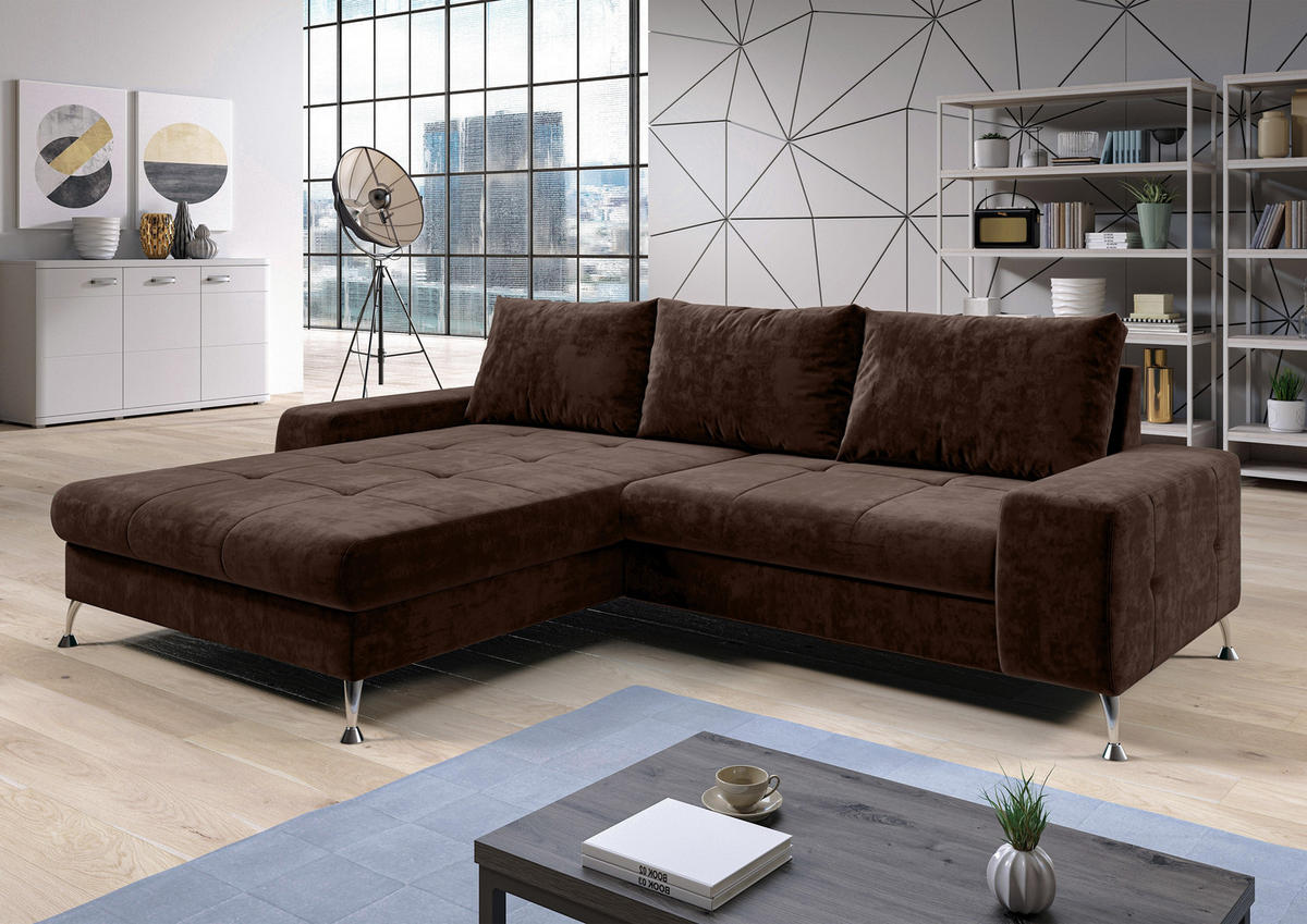 ECKSOFA L Form Artemia Braun Samt 275/210/81 cm – modernes Sofa fürs Wohnzimmer L - Silberfarben/Braun, Textil/Metall (210/275cm) - AX Living