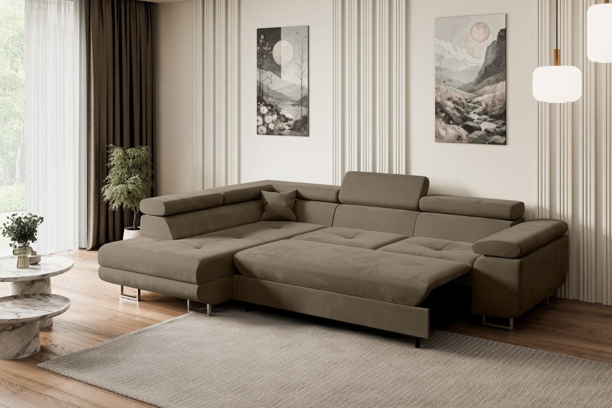 ECKSOFA mit Schlaffunktion und Bettkasten GUSA-L 272x202x107 cm Braun Velours - Silberfarben/Braun, Holzwerkstoff/Textil (202/272cm) - ALTDECOR
