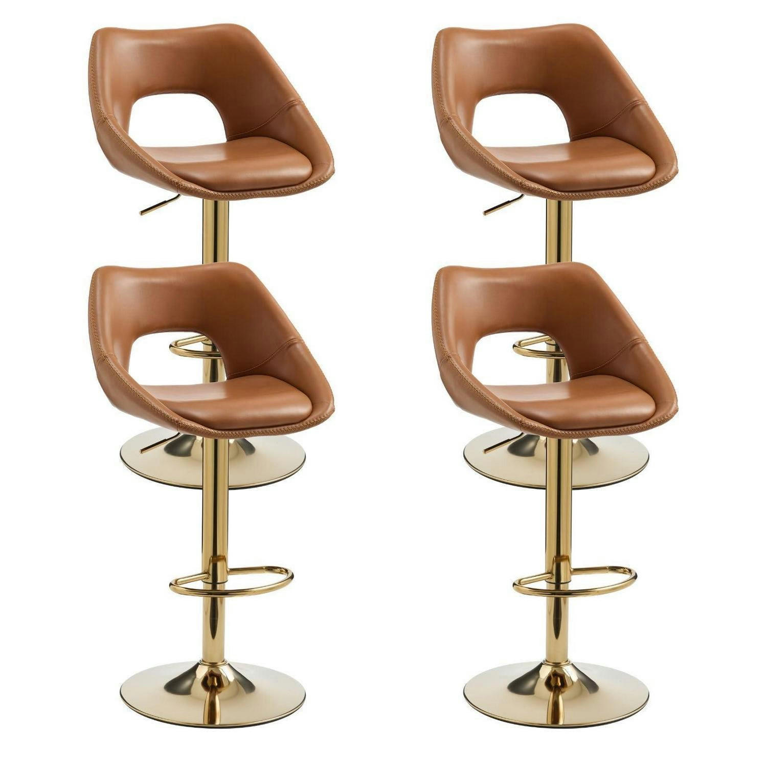 BARHOCKER 4er Set höhenverstellbar drehbar mit Rückenlehne und goldener Fußstütze, braun - Braun, Kunststoff (51/106.5/51cm)