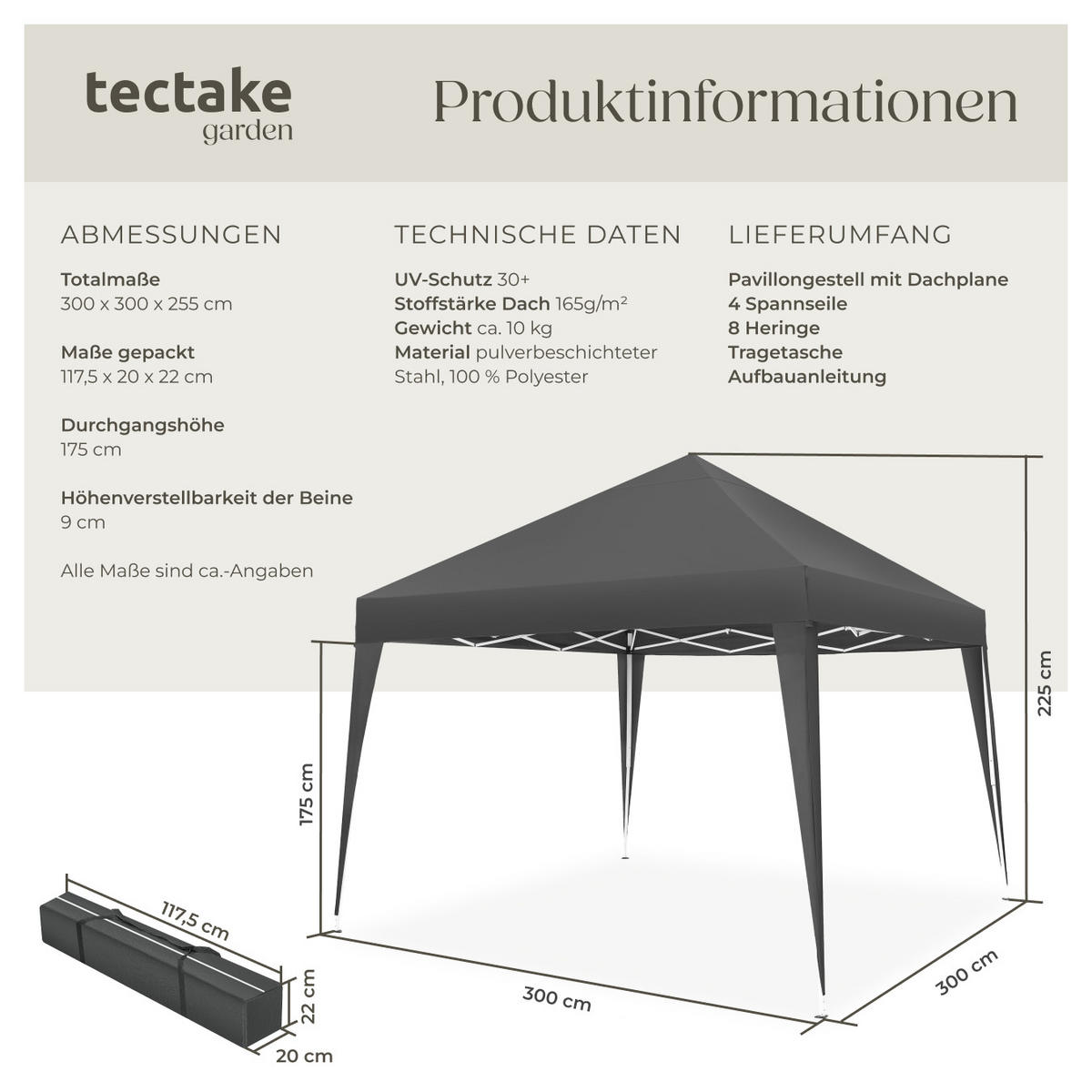 PAVILLON Linosa,inklusive Spannseile, Heringe und Tragetasche,grau - Grau, Kunststoff (300/255/300cm) - tectake