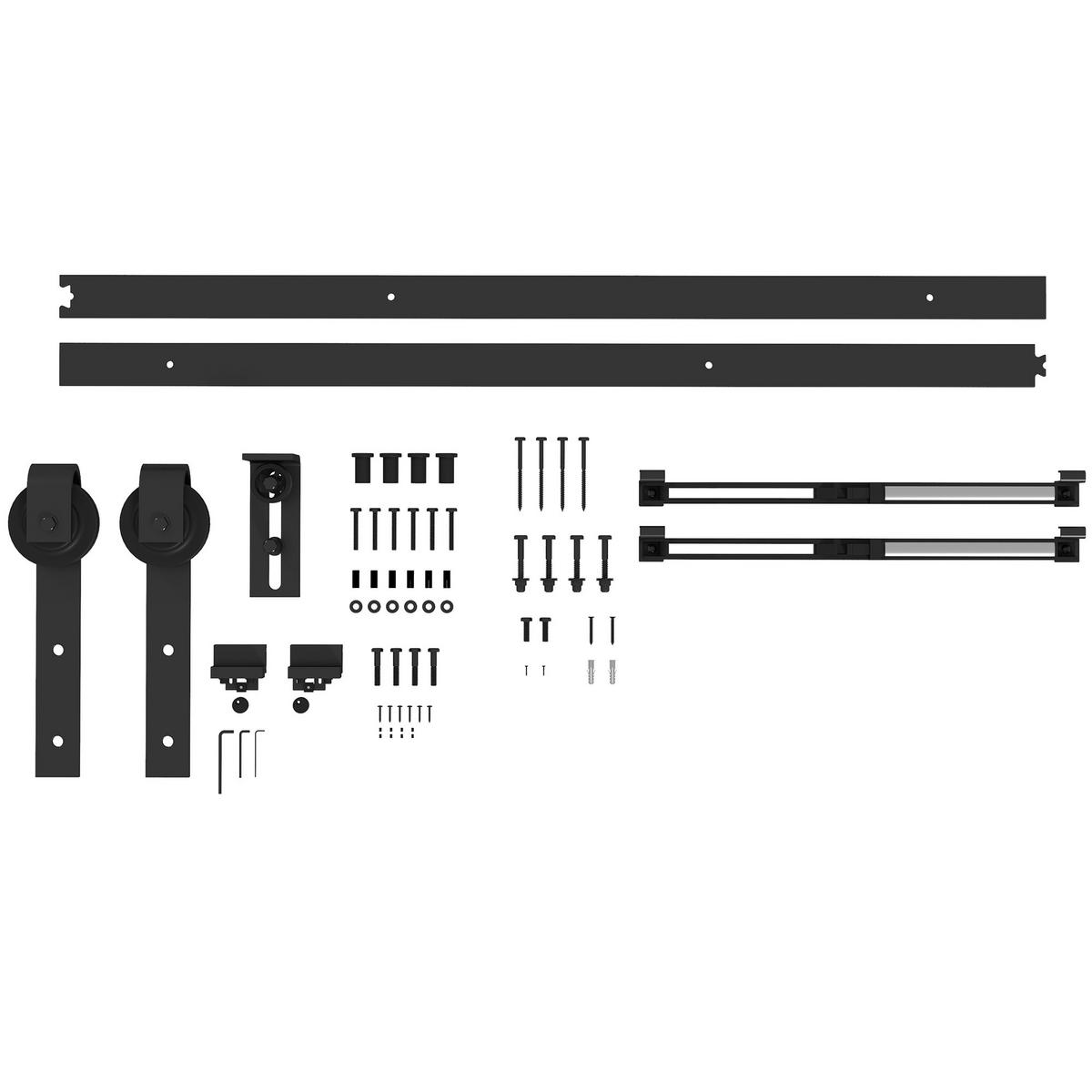 SCHIEBETÜREN-BESCHLAGSATZ, 183 cm Komplett-Set mit Schienen, Rollen, Anti-Sprung-Vorrichtungen, Türstopper, Schwarz - Schwarz, Metall (0.5/4/183cm) - HOMCOM
