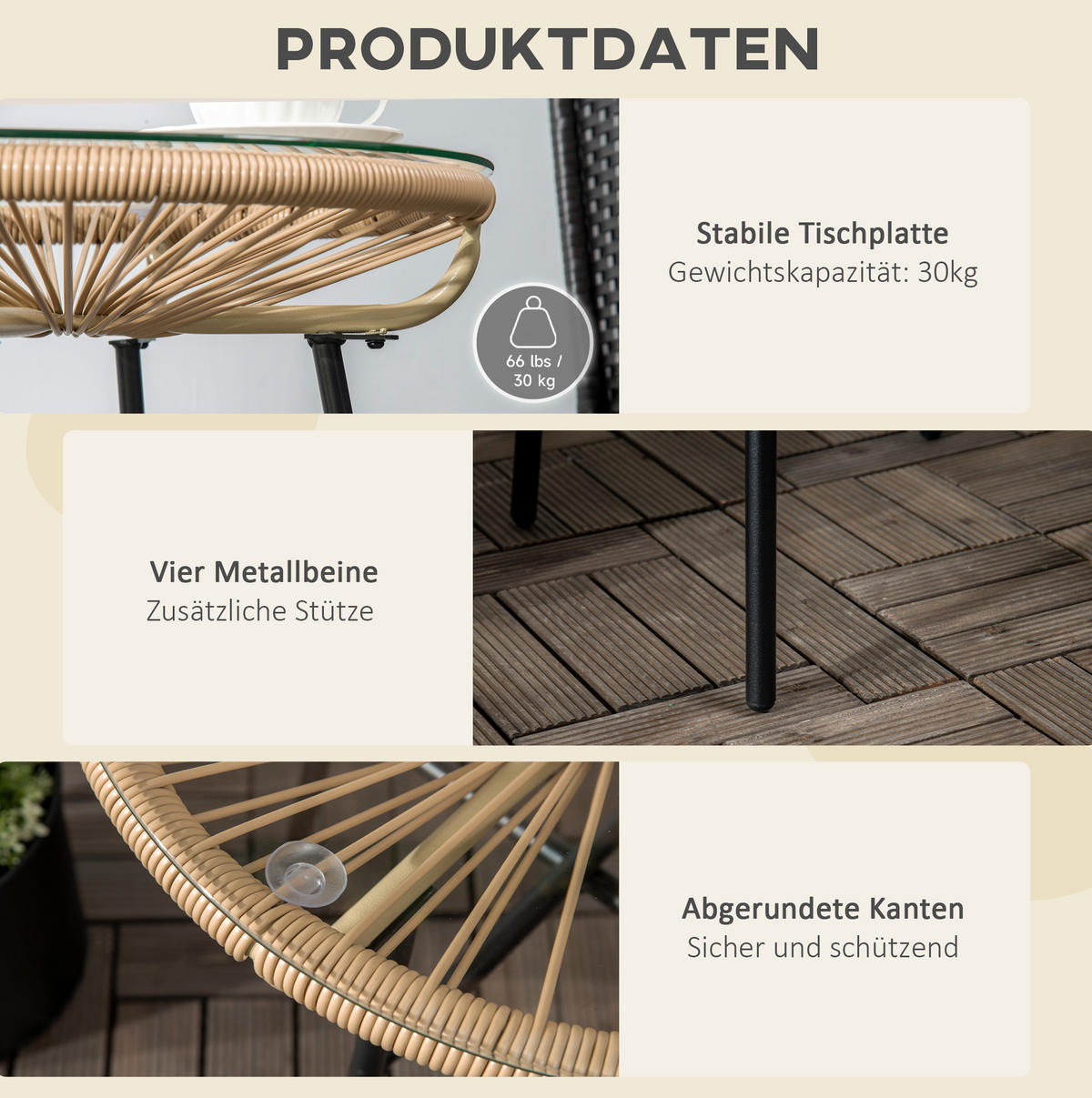 BEISTELLTISCH 50/50/50 cm mit gehärteter Glasplatte und PE-Rattan-Geflecht im Boho-Stil, Beige - Beige, Glas (50/50/50cm) - Redom