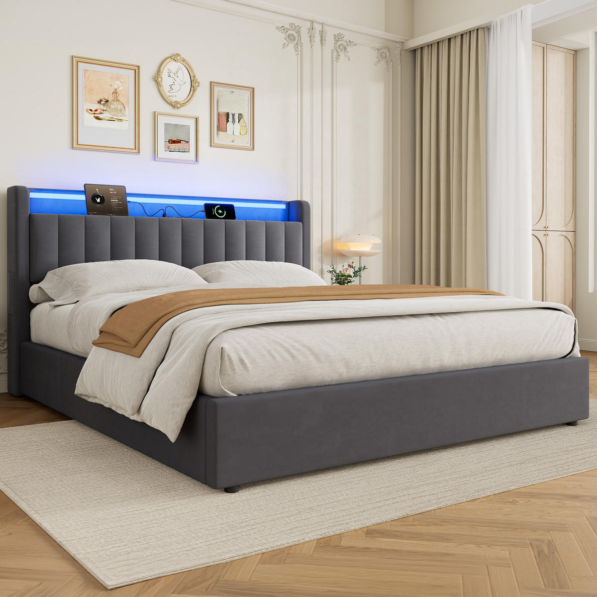 POLSTERBETT 180/200cm dunkelgrau aus Samt, Metall und Holz mit LED-Licht, USB-Anschluss und Stauraum - Grau, Holzwerkstoff (180/200cm) - OKWISH