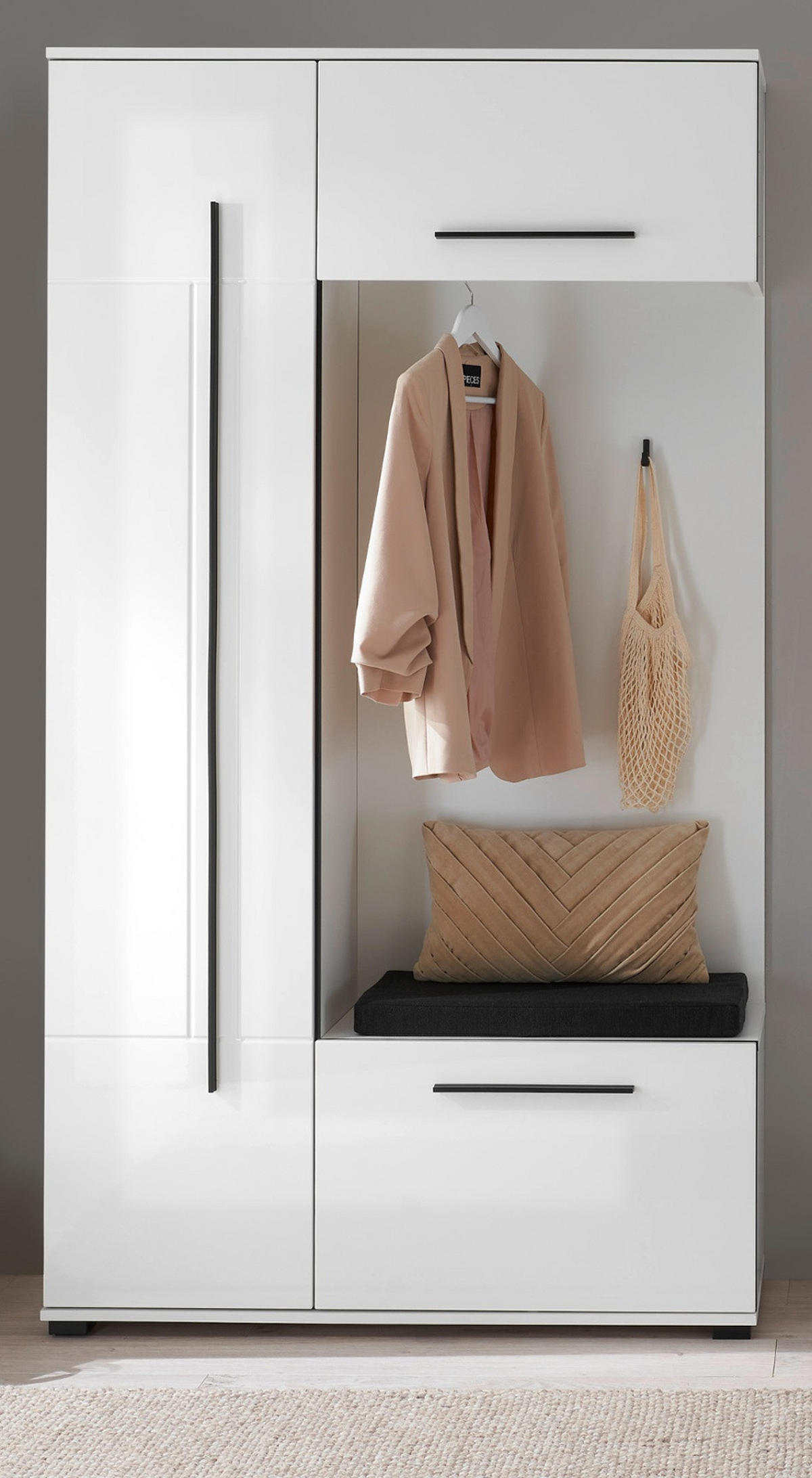 KOMPKATGARDEROBE weiß Hochglanz 111 x 200 cm, Garderobe mit Soft-Close - Weiß Hochglanz/Schwarz, Holzwerkstoff/Kunststoff (111/200/37cm) - Furn.Design