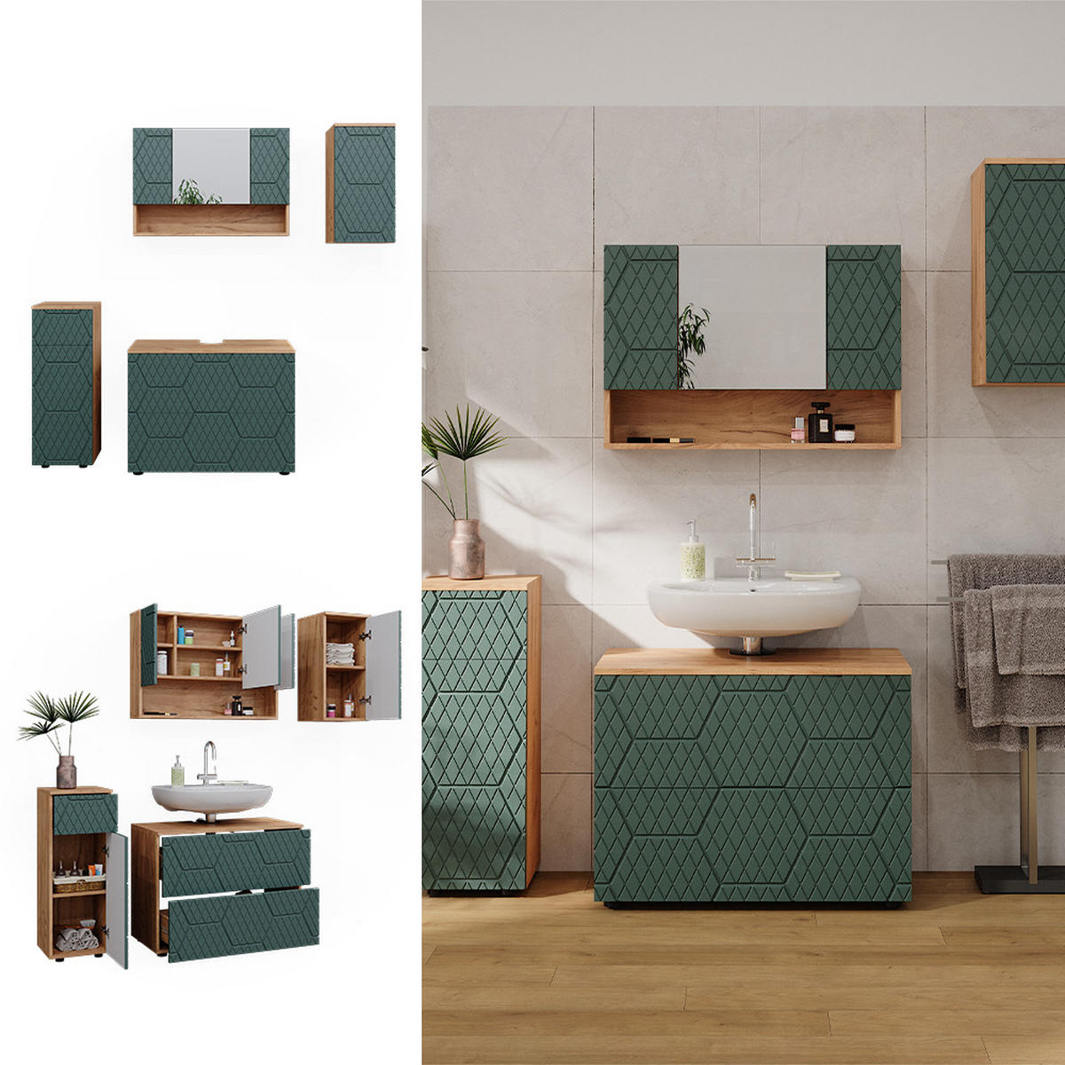 BADMÖBEL-SET Irma Grün 4 Teile - Honigeiche/Grün, Holzwerkstoff (80/58.6/41cm) - Vicco