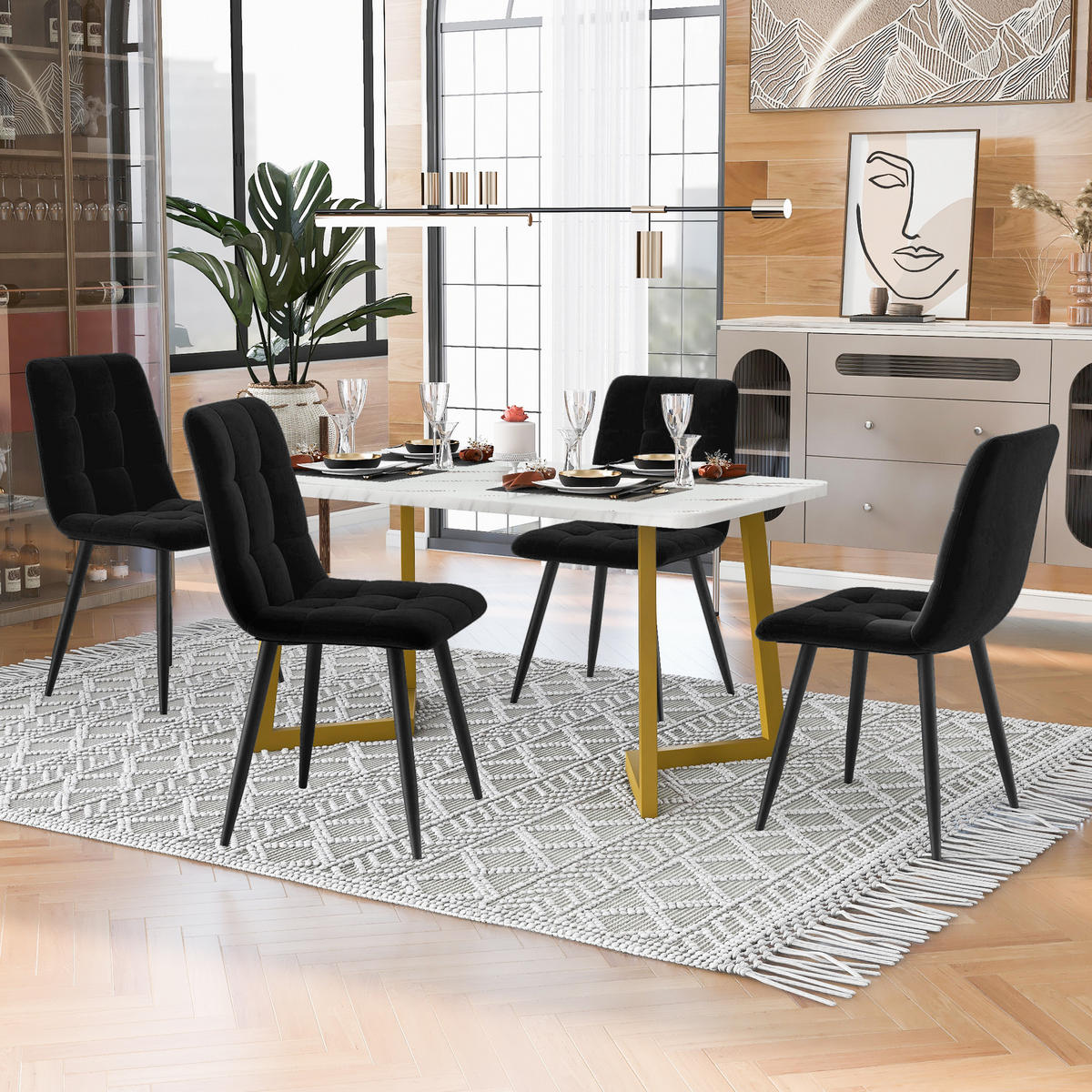 ESSZIMMER-SET 5-tlg mit rechteckigem Marmoroptik-Tisch, goldenen Beinen und vier Samtstühlen im kompakten modernen Stil, weiß-schwarz - Schwarz, Holzwerkstoff (68/75/117cm) - Luhomfu