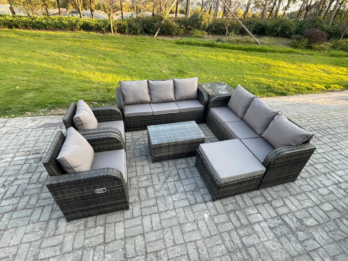 GARTENMÖBEL-SET mit Kissen Polyrattan Dunkelgrau 9-Sitzer - Dunkelgrau/Grau, Glas/Kunststoff - Fimous