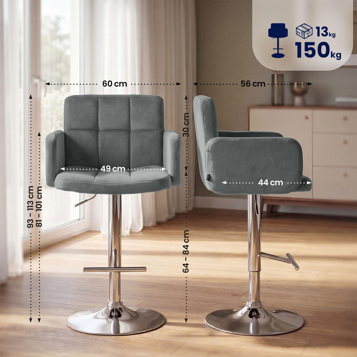 BARHOCKER 2 Samt Grau - Chromfarben/Grau, Textil/Metall (60/93/56cm) - CLP
